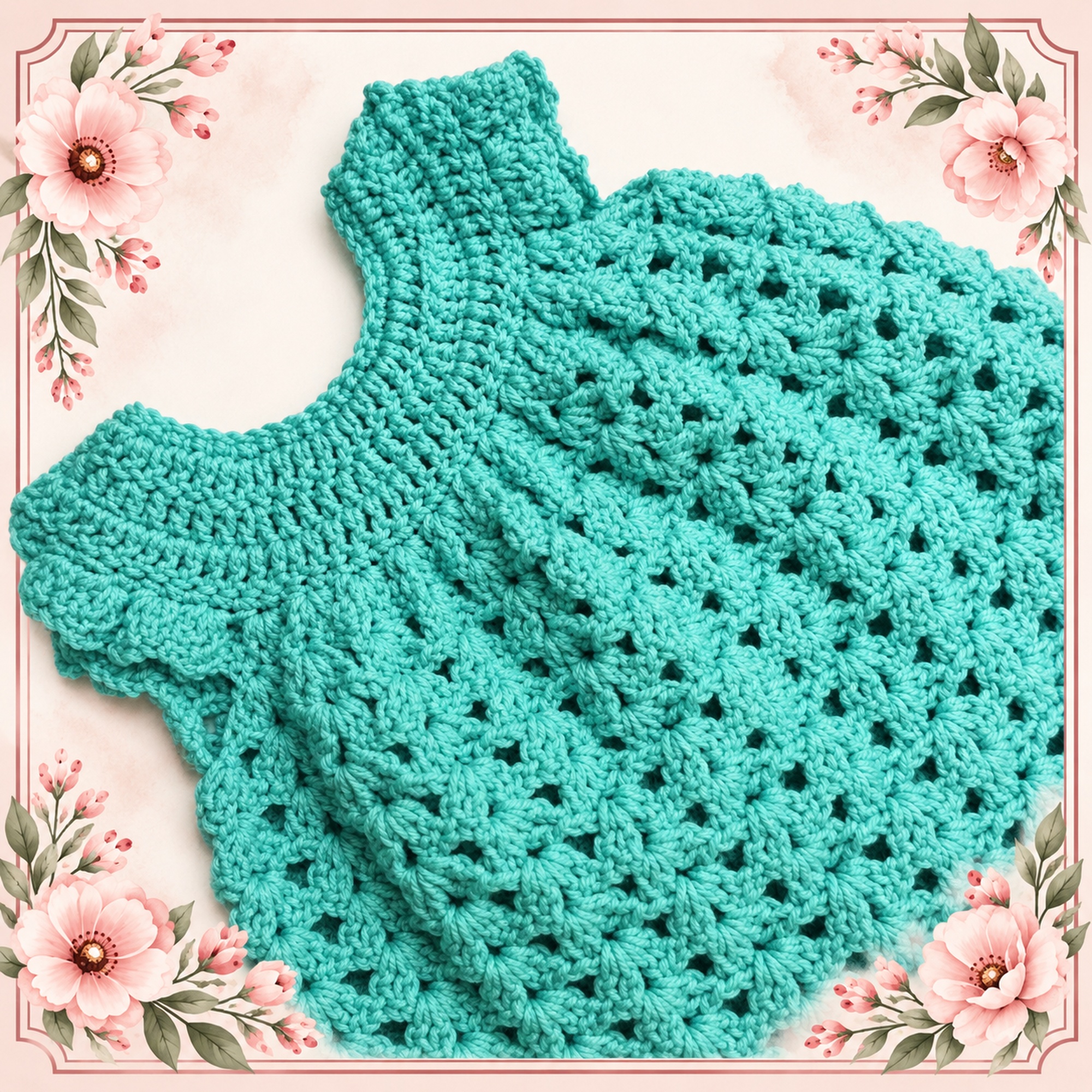 Turquoise crocheted Easy Angel Wing Dress with angel-wing sleeves and a shell-stitch skirt