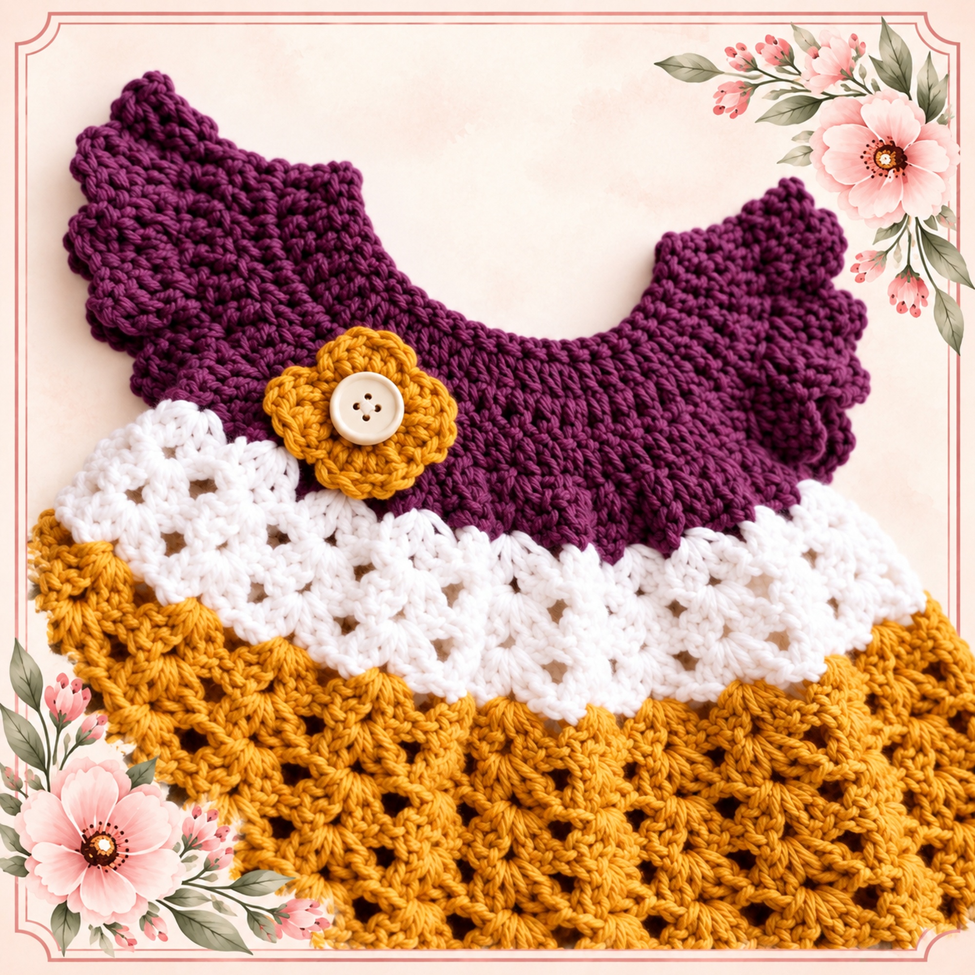 Easy Angel Wing Dress in plum and mustard with a white stripe and a mustard flower with a cream button at the yoke