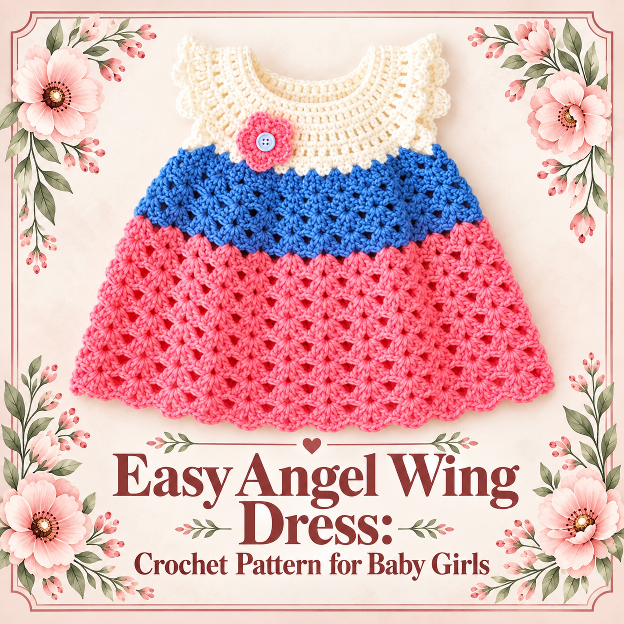 Easy Angel Wing Dress in cream, blue and pink stripes with a pink flower at the yoke, with the pattern title below it