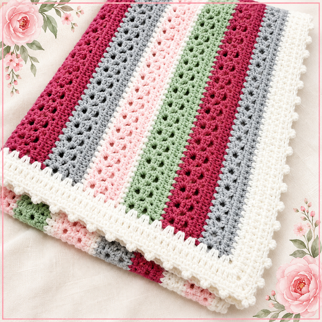 Baby Jane Crochet Blanket in raspberry, gray, baby pink, honeydew and white stripes folded diagonally, showing the airy V-stitch rows and white picot border