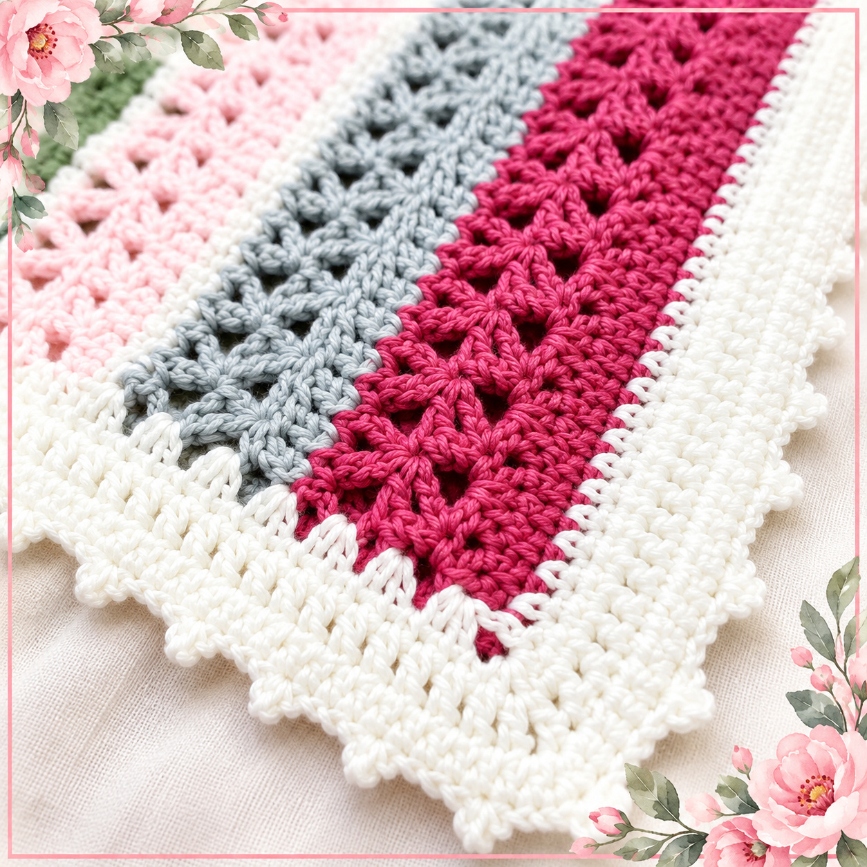 Close-up of the Baby Jane Crochet Blanket showing raspberry, gray and baby pink V-stitch rows and the white picot edge