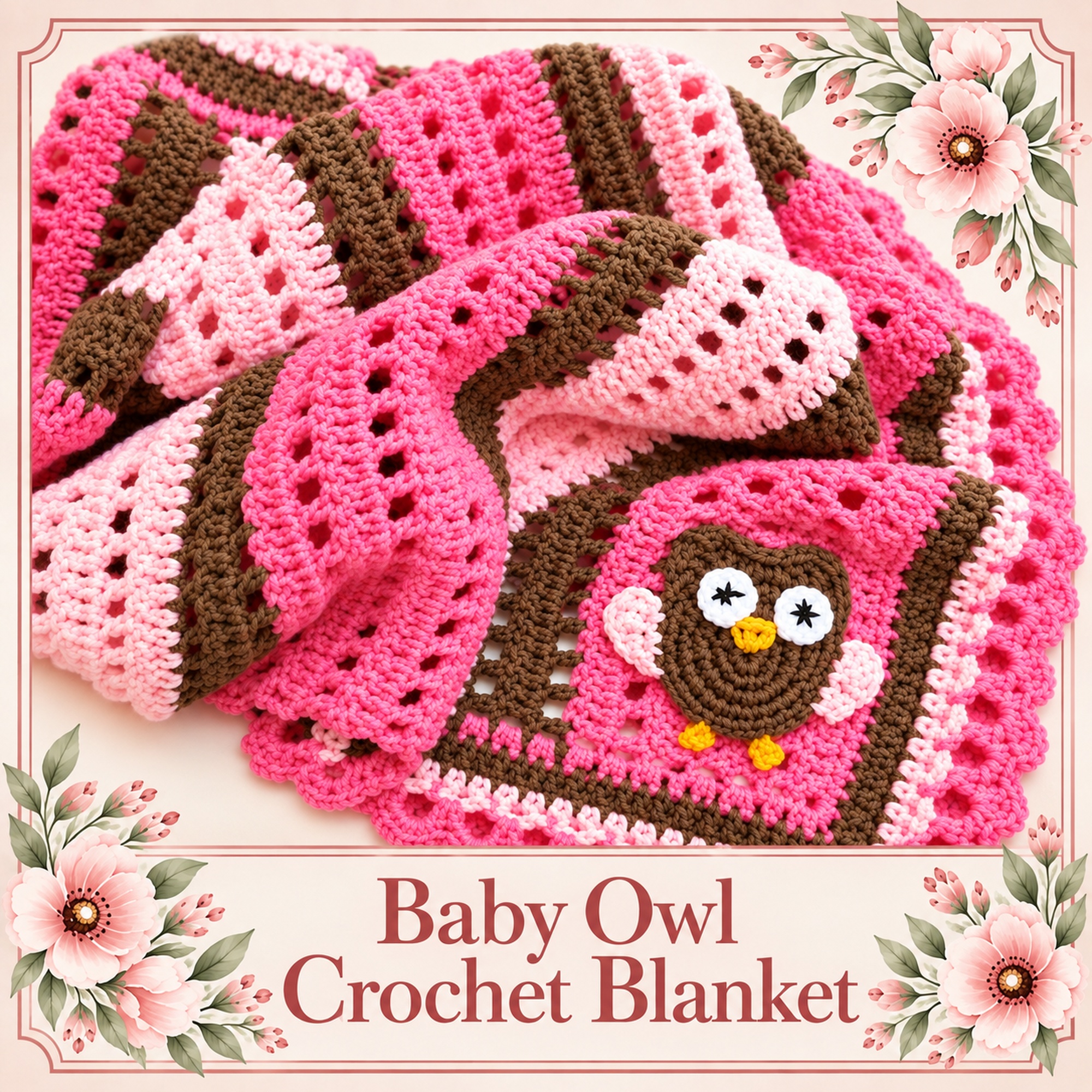 Baby Owl Crochet Blanket in pink and brown stripes with a brown owl appliqué and a pink looped edge, with the pattern title