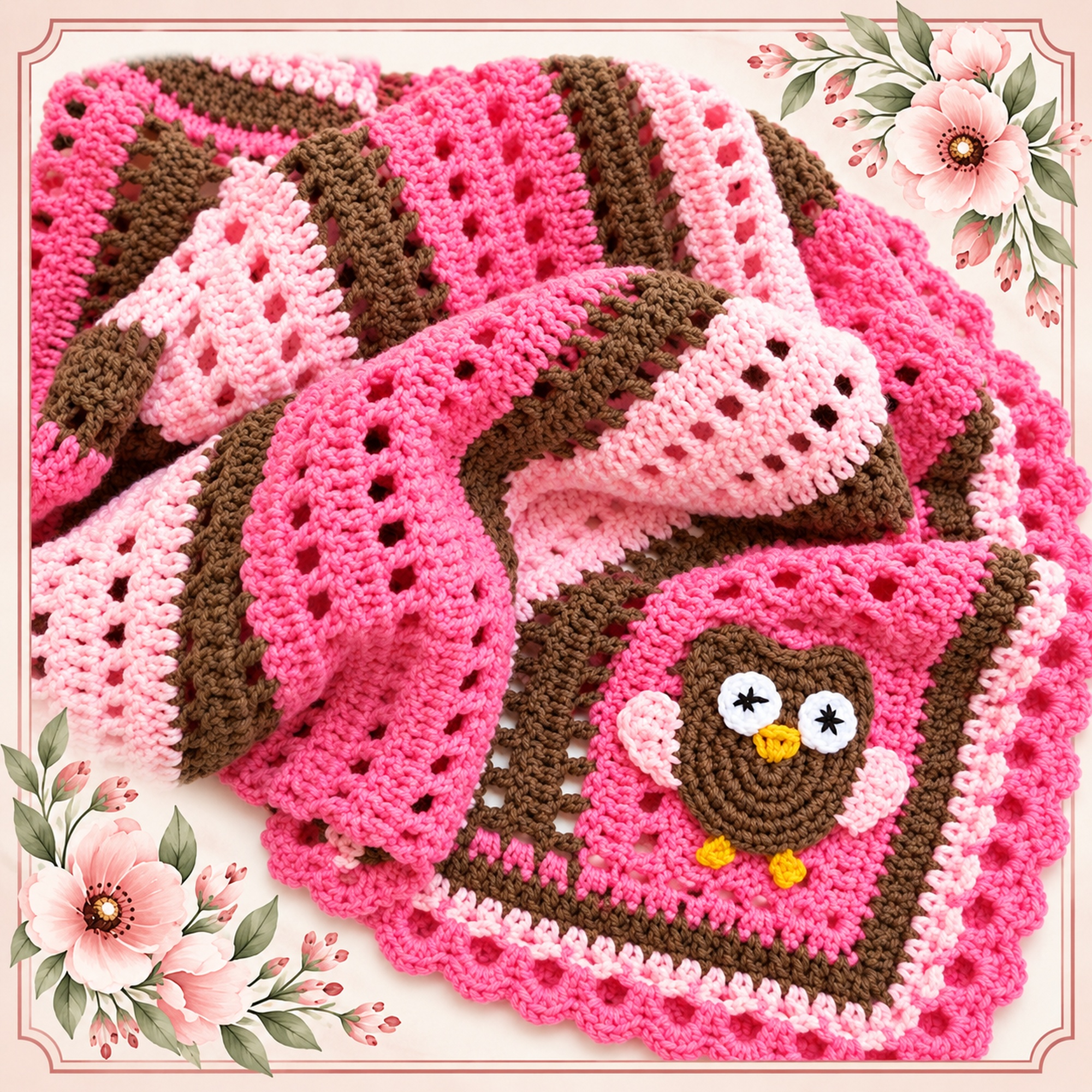 Baby Owl Crochet Blanket in pink and brown stripes with a brown owl appliqué and a pink looped edge