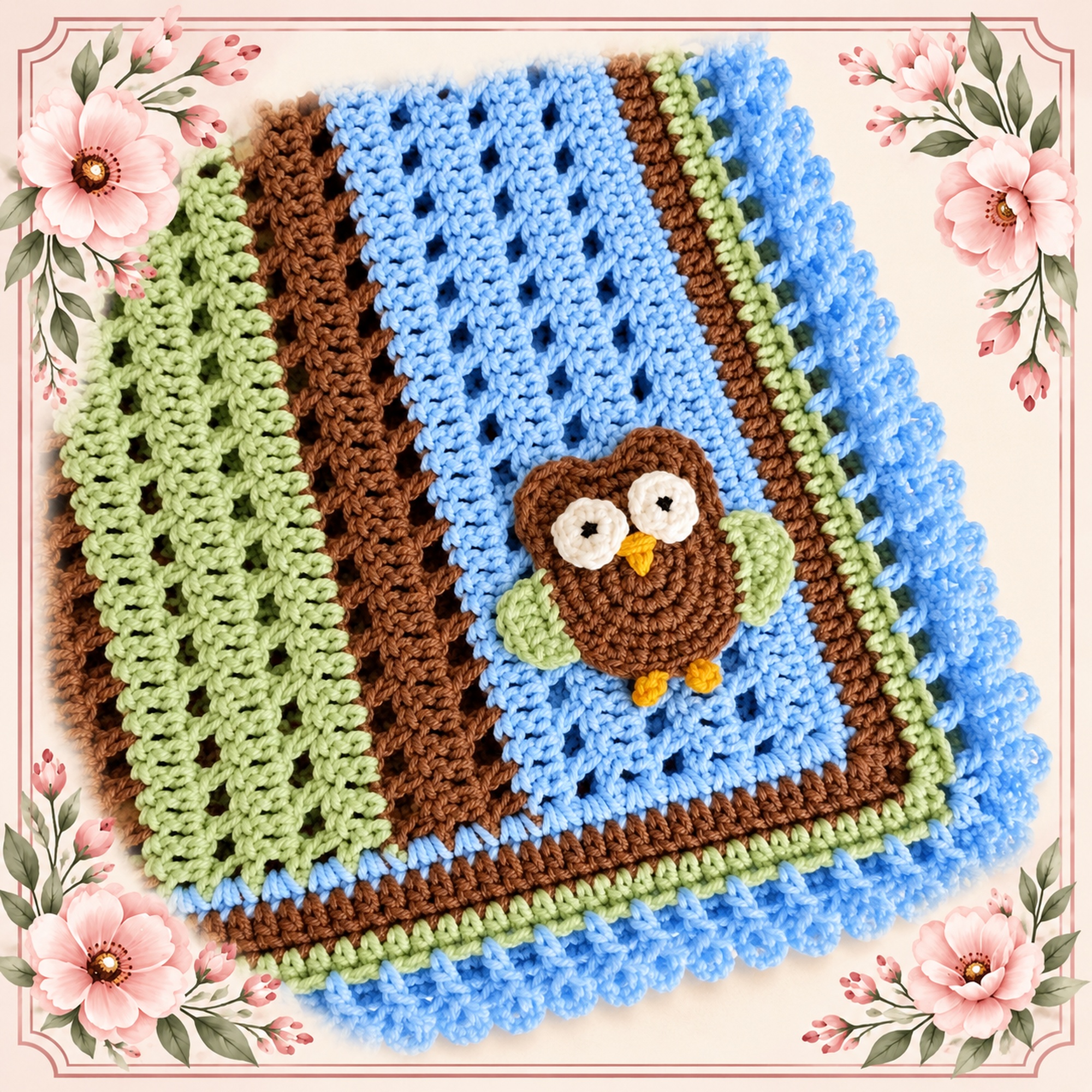 Baby Owl Crochet Blanket in blue, green and brown stripes with a brown owl appliqué and a blue looped edge