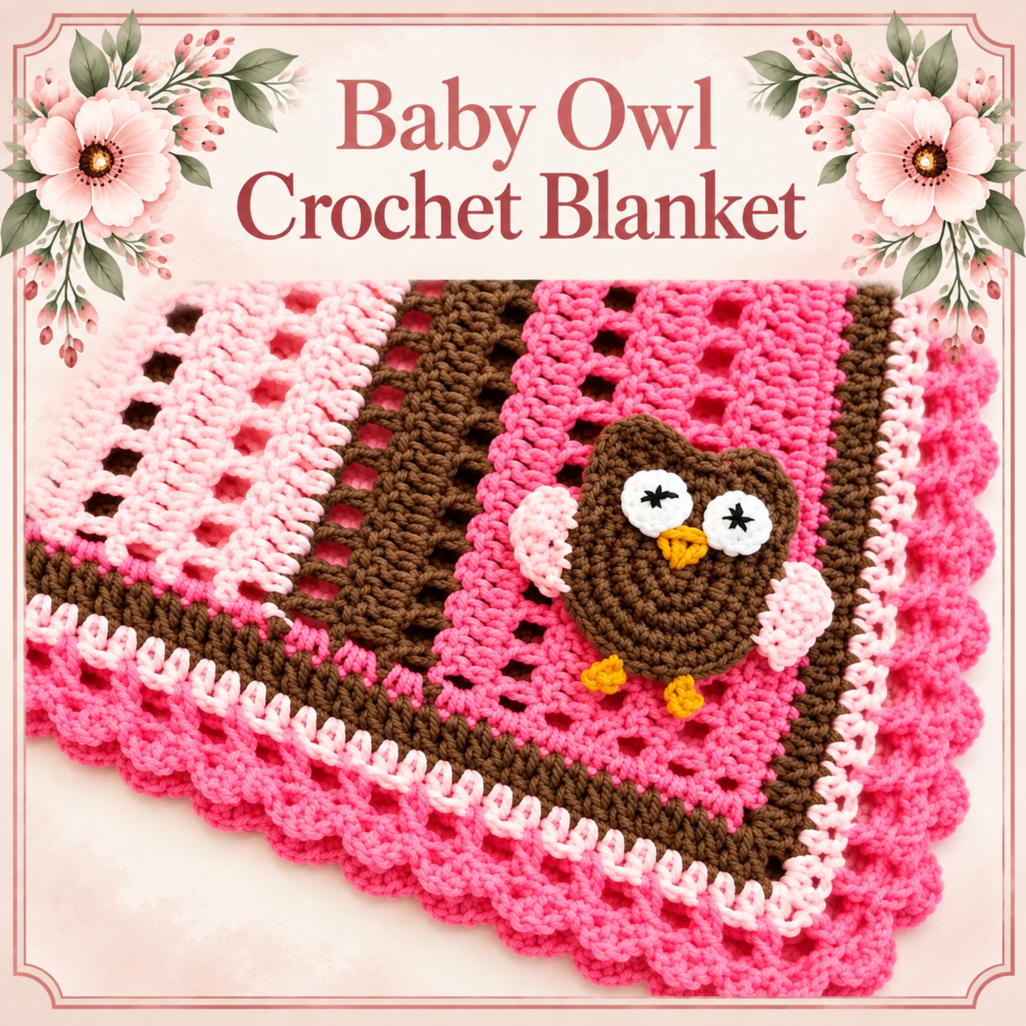 Close-up of the pink and brown Baby Owl Crochet Blanket showing the owl appliqué, with the pattern title