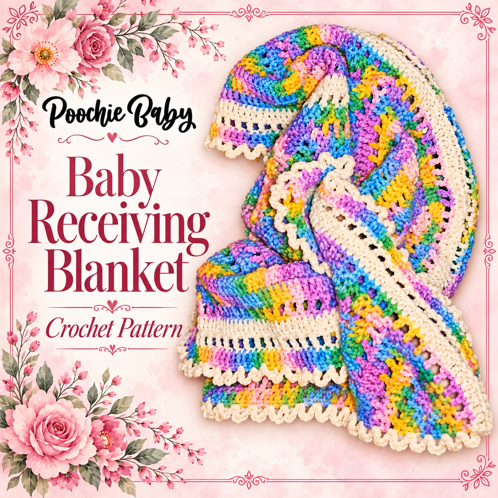 Colorful rainbow crocheted Baby Receiving Blanket with Poochie Baby branding