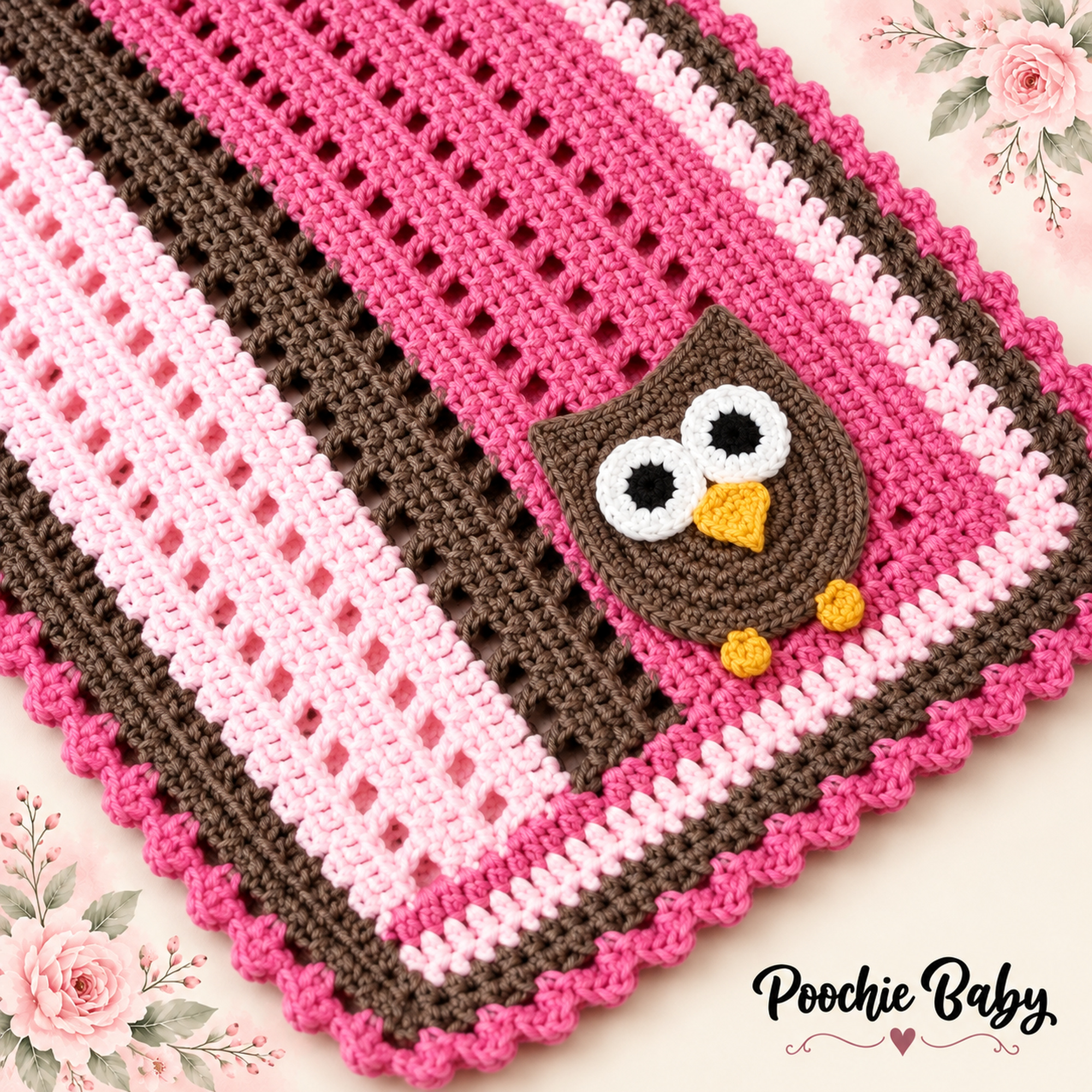 Big Eyed Owl Blanket in pink and brown stripes with the big-eyed brown owl appliqué and a pink looped edge