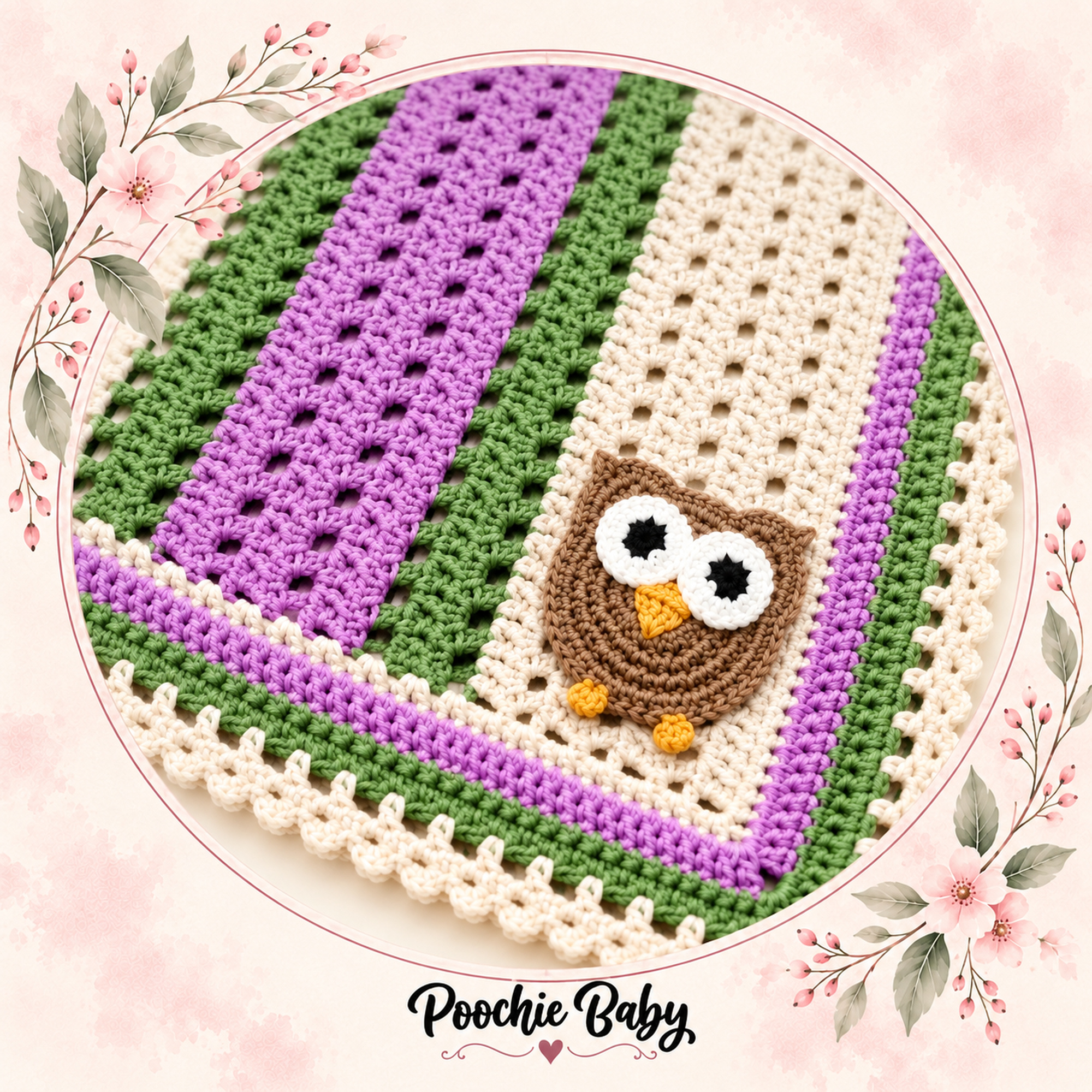 The purple, green and cream Big Eyed Owl Blanket with the big-eyed owl appliqué, framed in a floral circle with the Poochie Baby logo