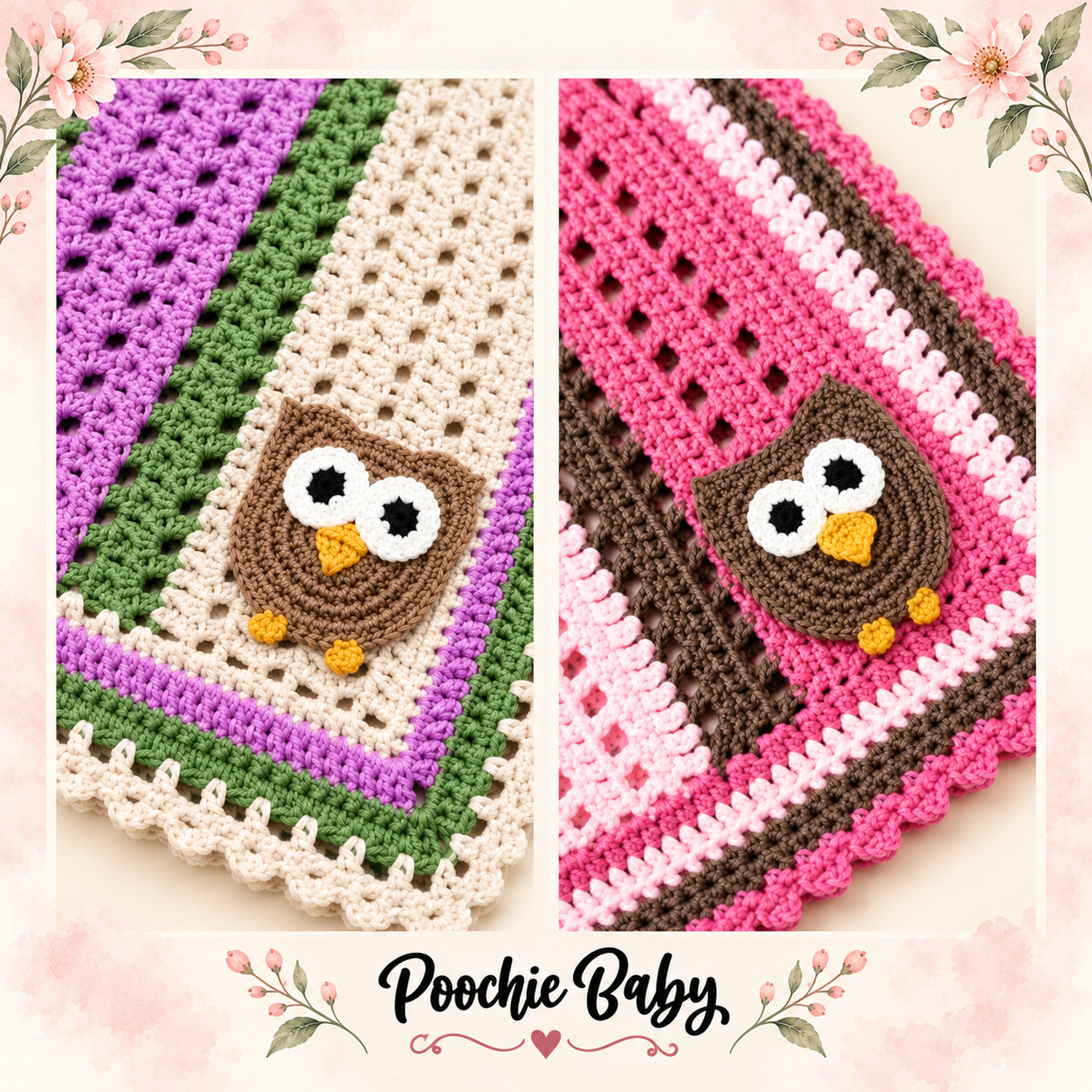The Big Eyed Owl Blanket in both colorways — purple, green and cream on the left, pink and brown on the right — each with the big-eyed owl appliqué