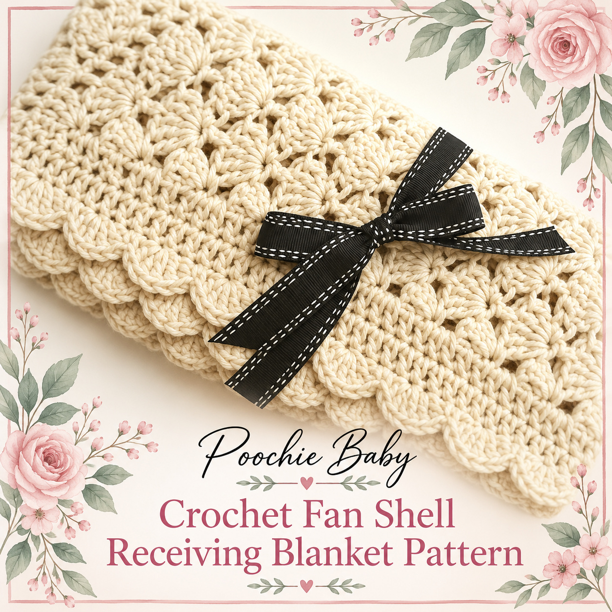 Cream Crochet Fan Shell Receiving Blanket with repeating fan shells and a scalloped border, tied with a black ribbon bow, with the Crochet Fan Shell Receiving Blanket Pattern title below it