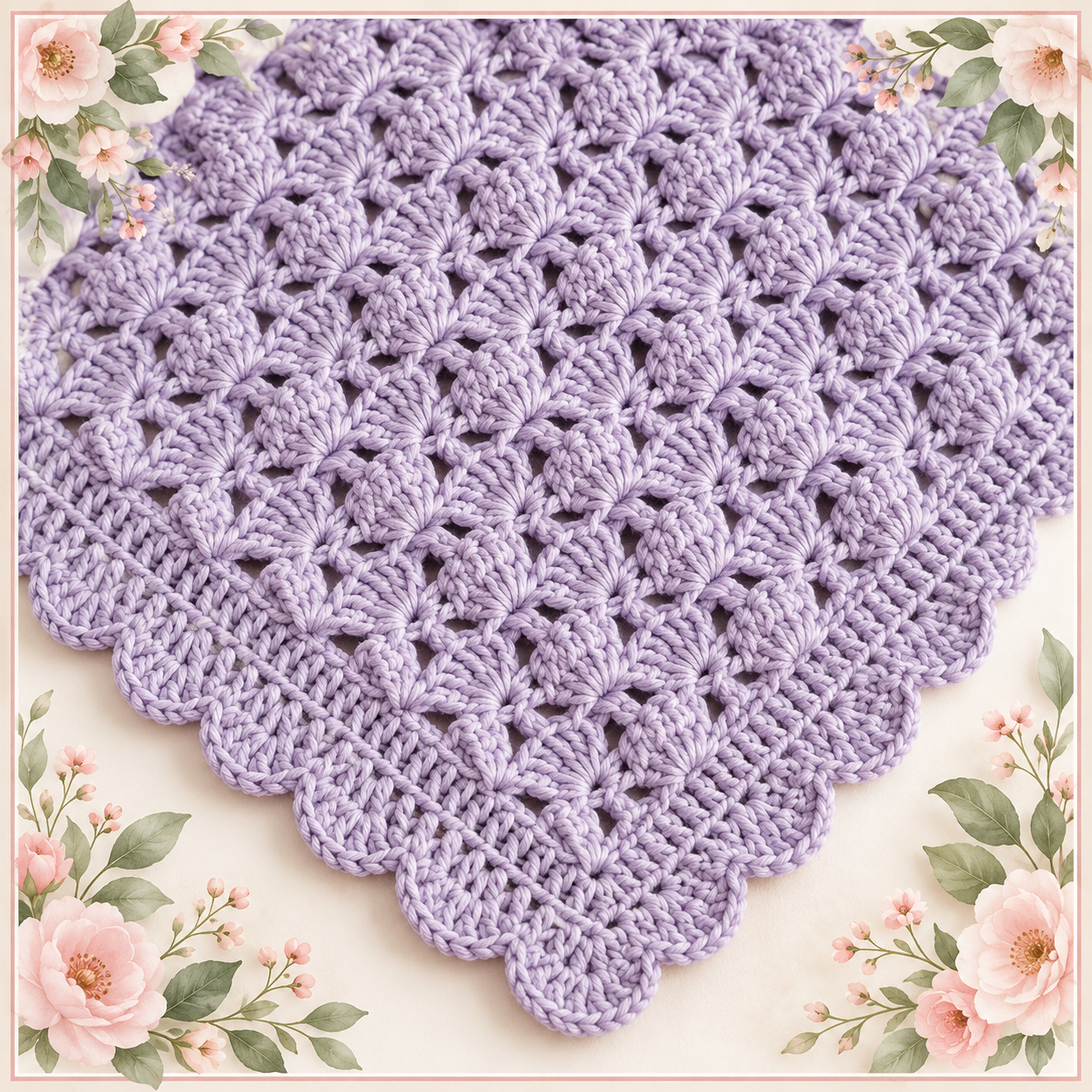 Crochet Fan Shell Receiving Blanket showing the repeating fan shell stitches and scalloped border
