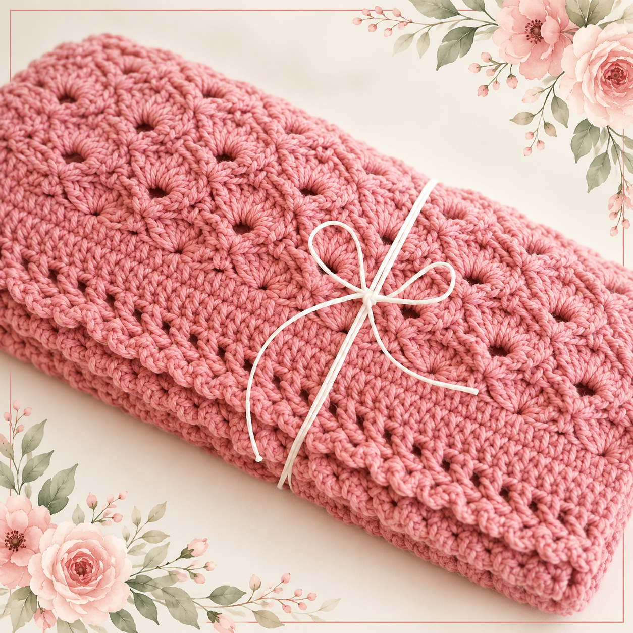 Crochet Fan Shell Receiving Blanket laid flat, showing the full fan shell pattern and scalloped edging
