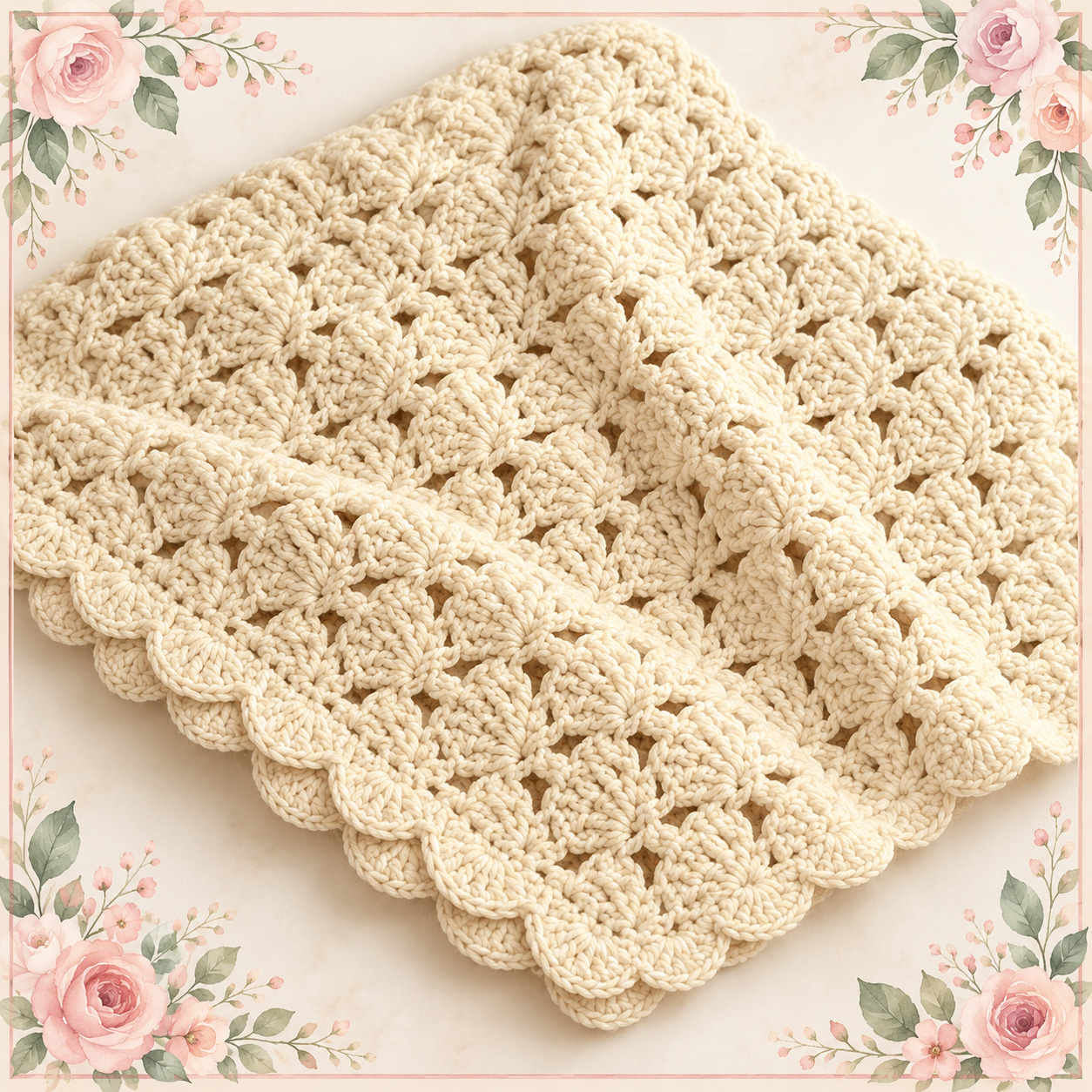 Close-up of the Crochet Fan Shell Receiving Blanket showing the fan shell stitch texture and scalloped border