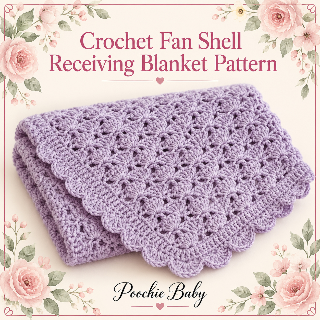Crochet Fan Shell Receiving Blanket folded, showing the fan shell rows and scalloped edge