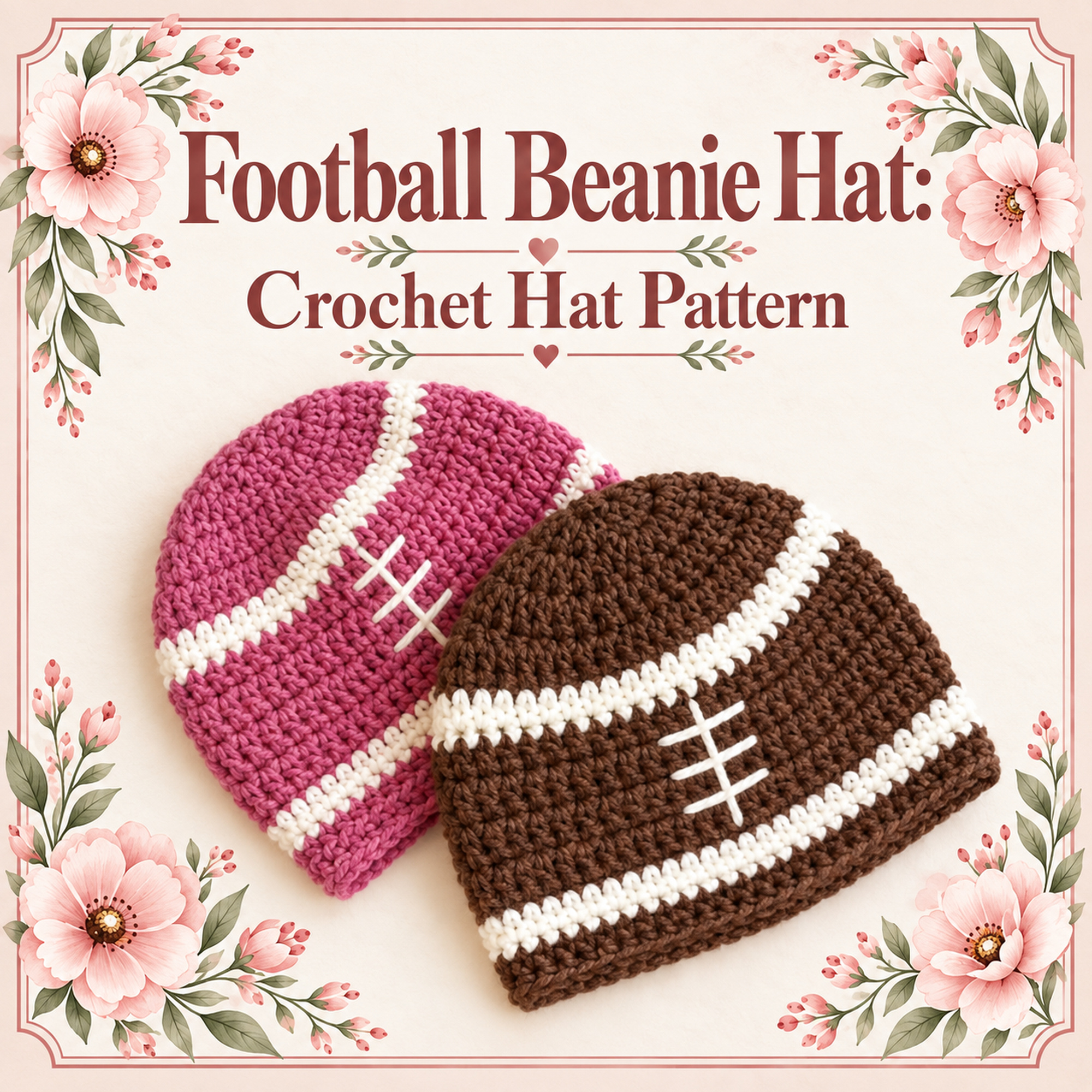 Crochet Football Beanie Hats in pink and classic football brown with white stripes and stitched football laces, with the Football Beanie Hat pattern title above them