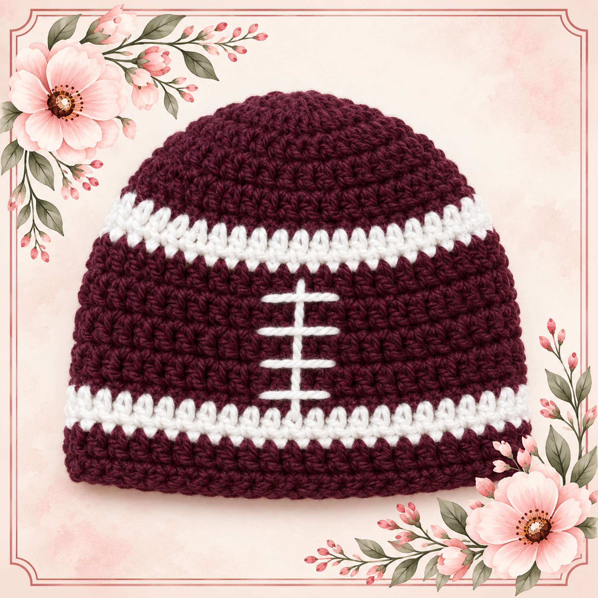 A single burgundy crochet Football Beanie Hat shown close up, with white stripes and stitched white football laces