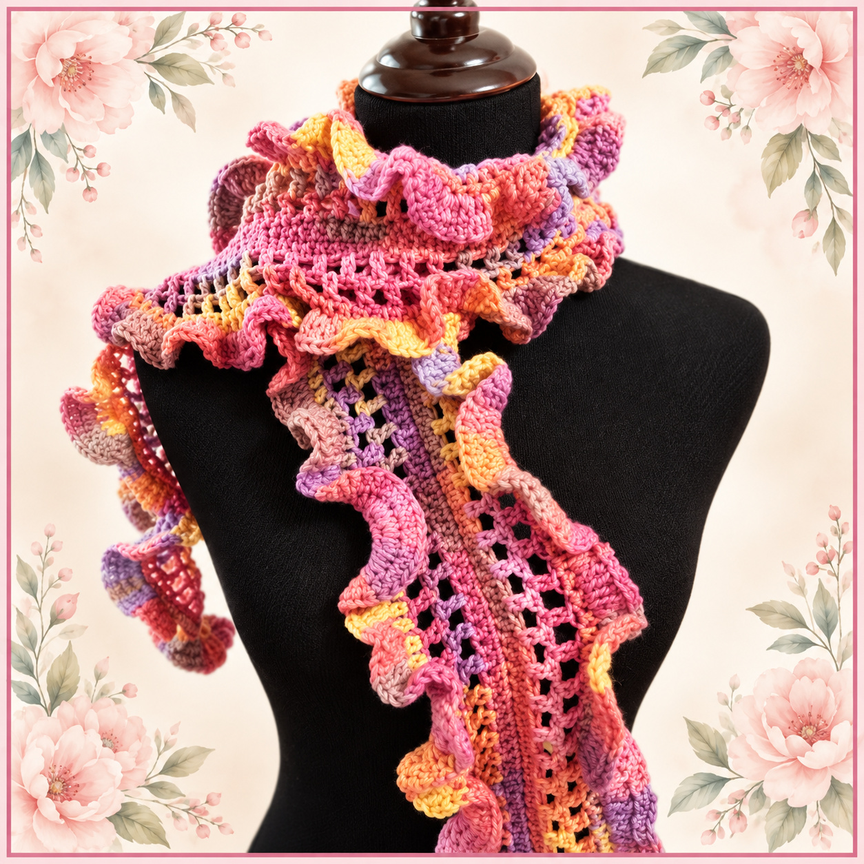 Close-up of the variegated Frilly Ruffle Scarf draped on a black dress form, showing the openwork center and wavy ruffled edges