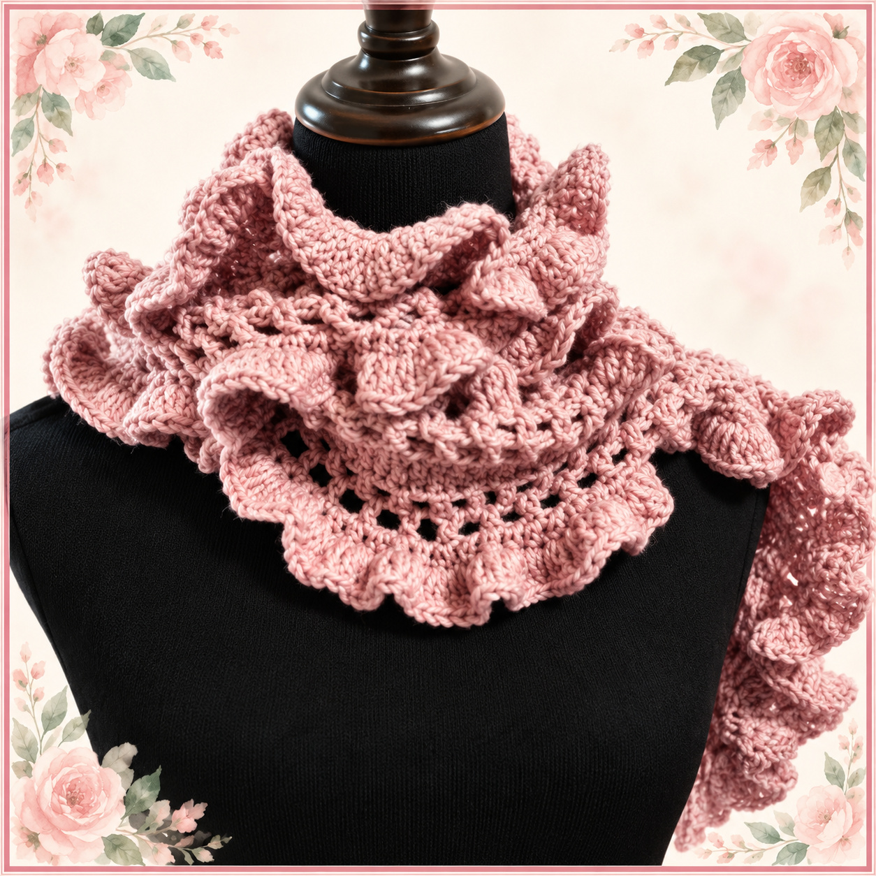 Frilly Ruffle Scarf in dusty rose pink wrapped around a black dress form, showing the openwork center and ruffled edge