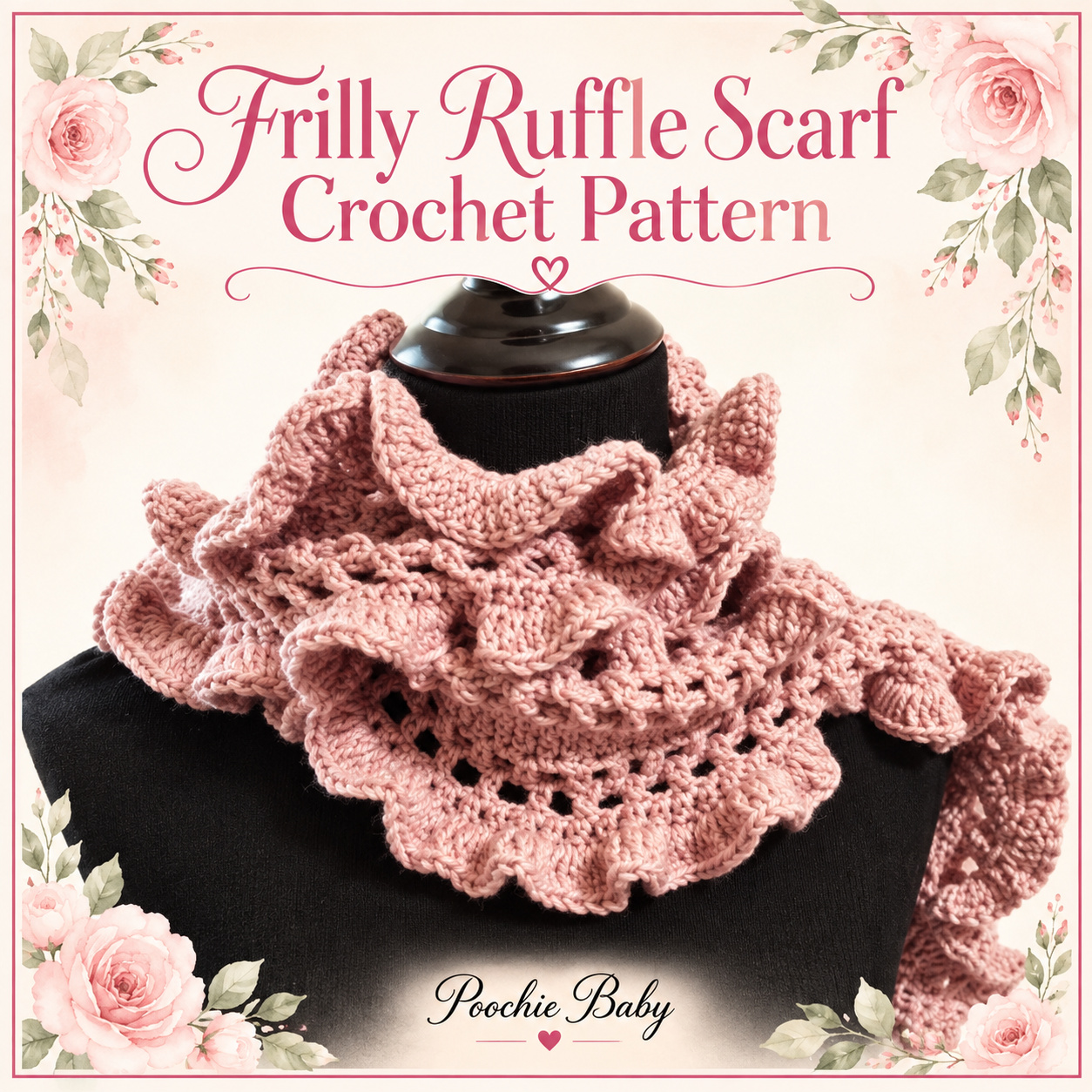 Frilly Ruffle Scarf in dusty rose pink draped on a black dress form, with the Frilly Ruffle Scarf Crochet Pattern title above it