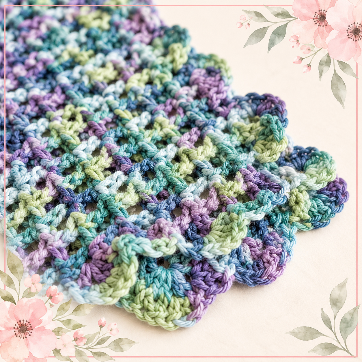 Close-up of the Lacey One Skein Baby Blanket showing the airy openwork stitches and scalloped border in variegated blue, purple and green yarn