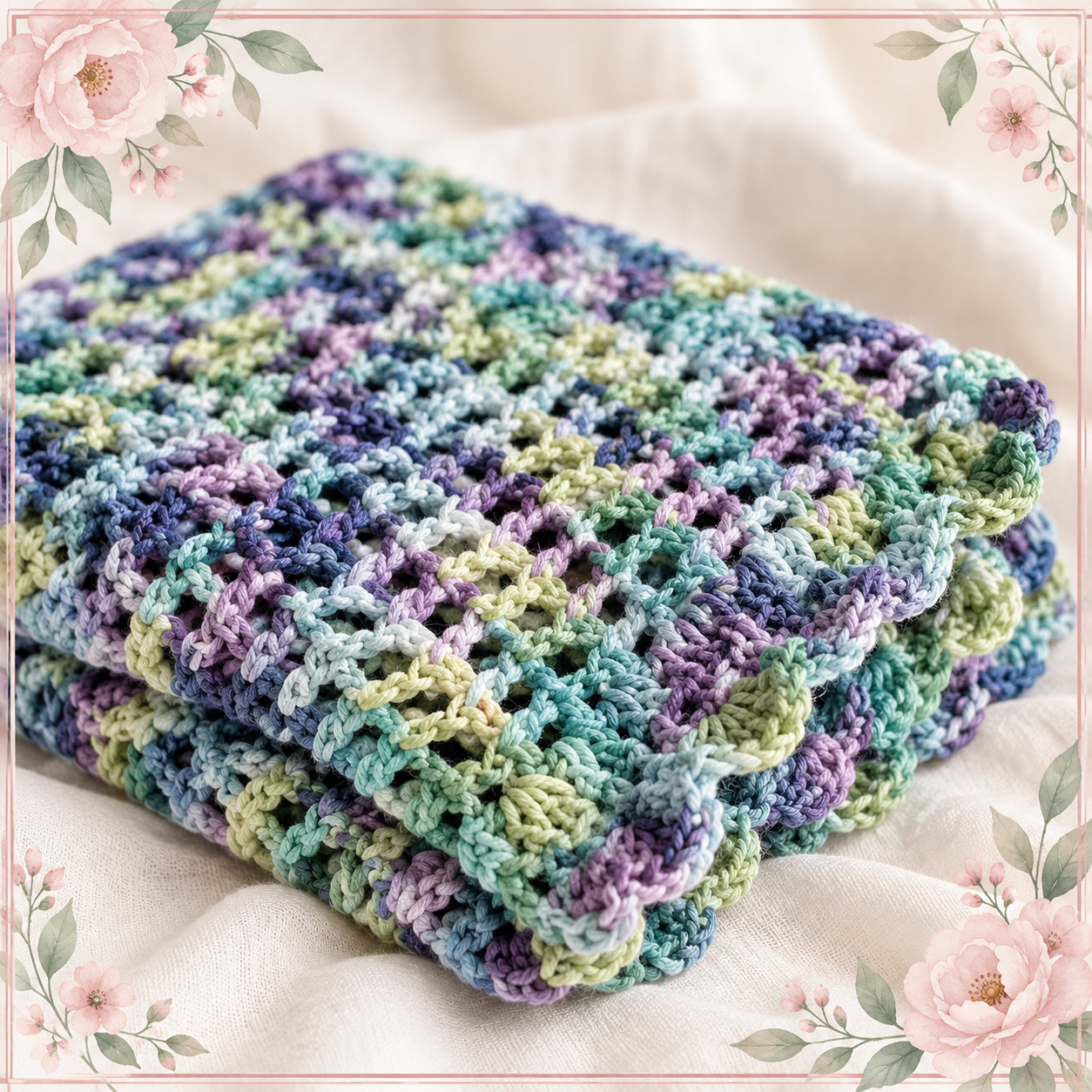 The Lacey One Skein Baby Blanket folded, showing the openwork stitch texture and scalloped edge in variegated blue, purple and green yarn