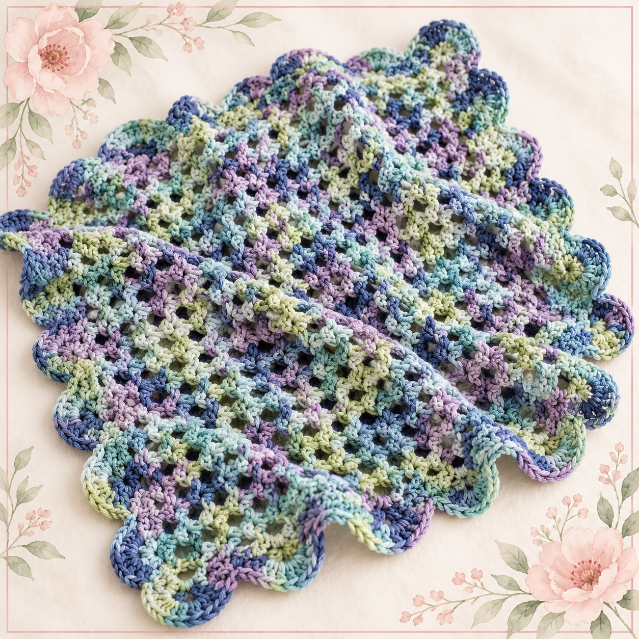 The Lacey One Skein Baby Blanket laid flat, showing the full openwork pattern and scalloped border in variegated blue, purple and green yarn