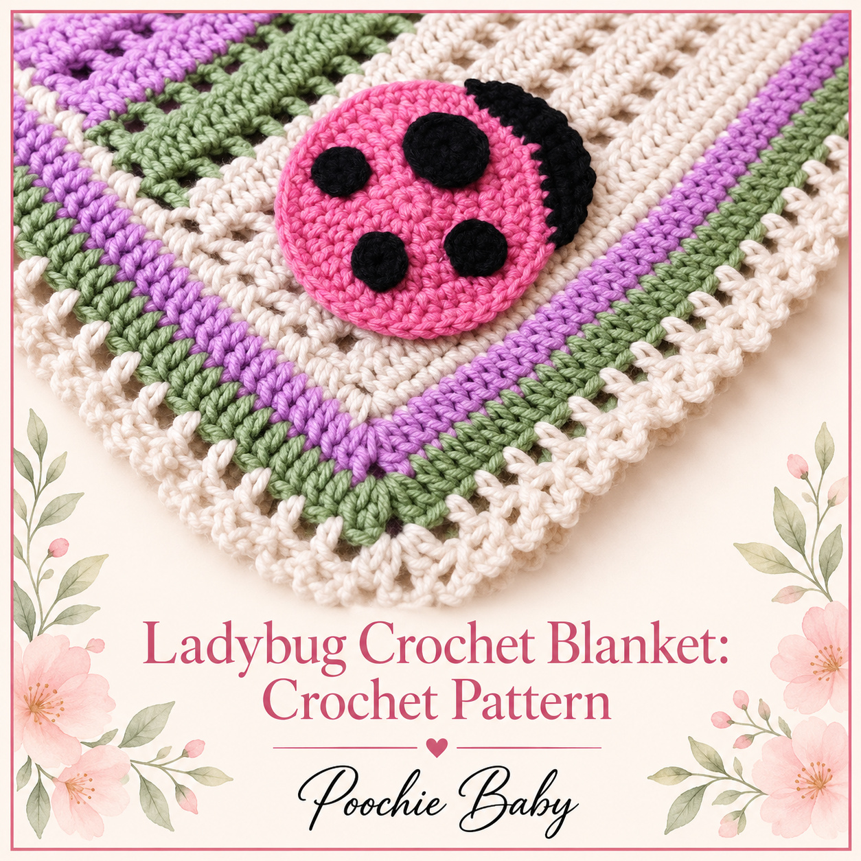 Ladybug Crochet Blanket in lavender, sage green and cream stripes with a pink ladybug appliqué with black spots and a looped border, with the Ladybug Crochet Blanket pattern title below it