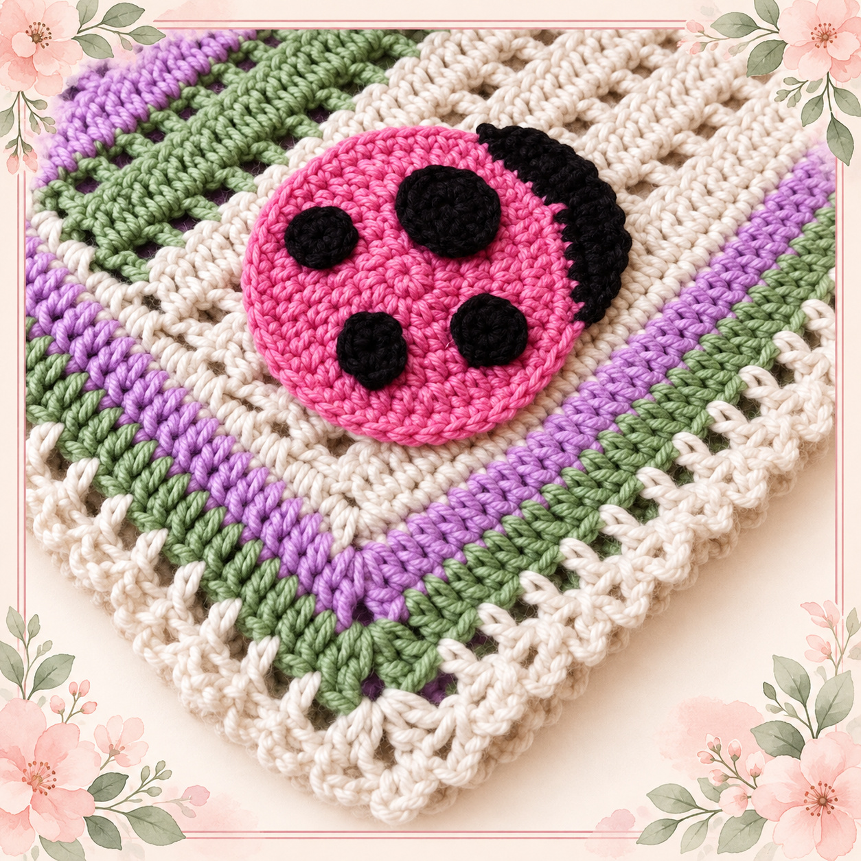 Close-up of the Ladybug Crochet Blanket showing the pink ladybug appliqué with black spots, striped rows and a looped border