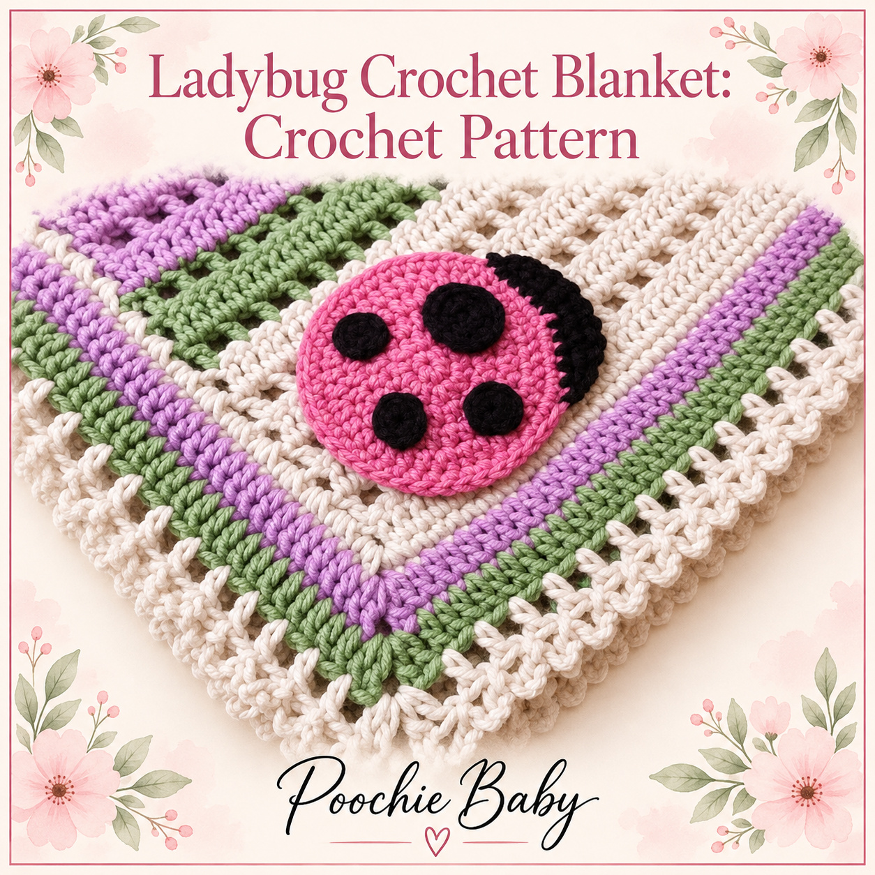 Ladybug Crochet Blanket in lavender, sage green and cream stripes with a pink ladybug appliqué with black spots, with the Ladybug Crochet Blanket pattern title above it