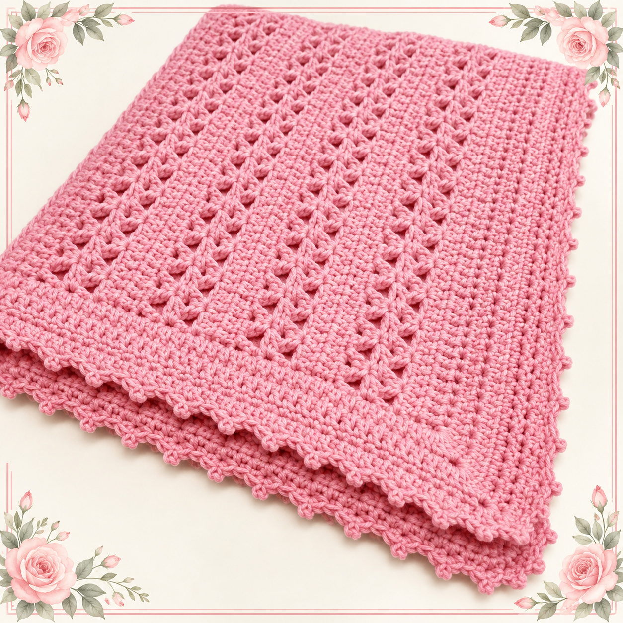 Pink One Skein Baby Blanket folded, showing the airy V-stitch rows, solid crochet rows and picot border