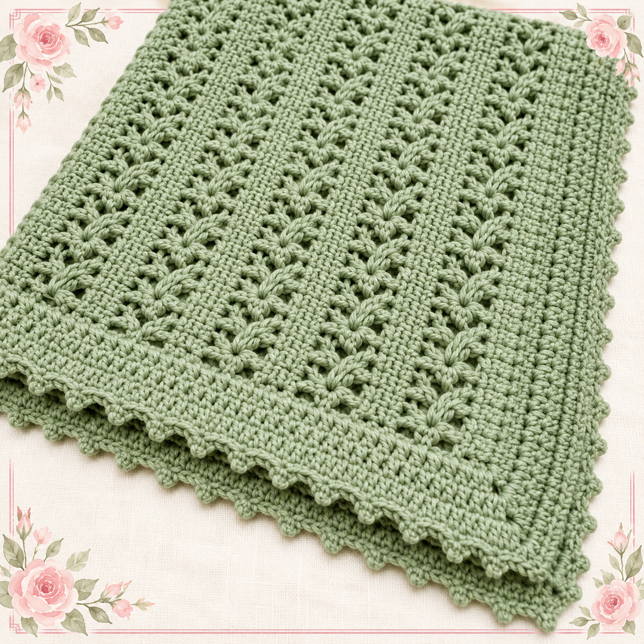 Sage green One Skein Baby Blanket folded, showing the airy V-stitch rows, solid crochet rows and picot border