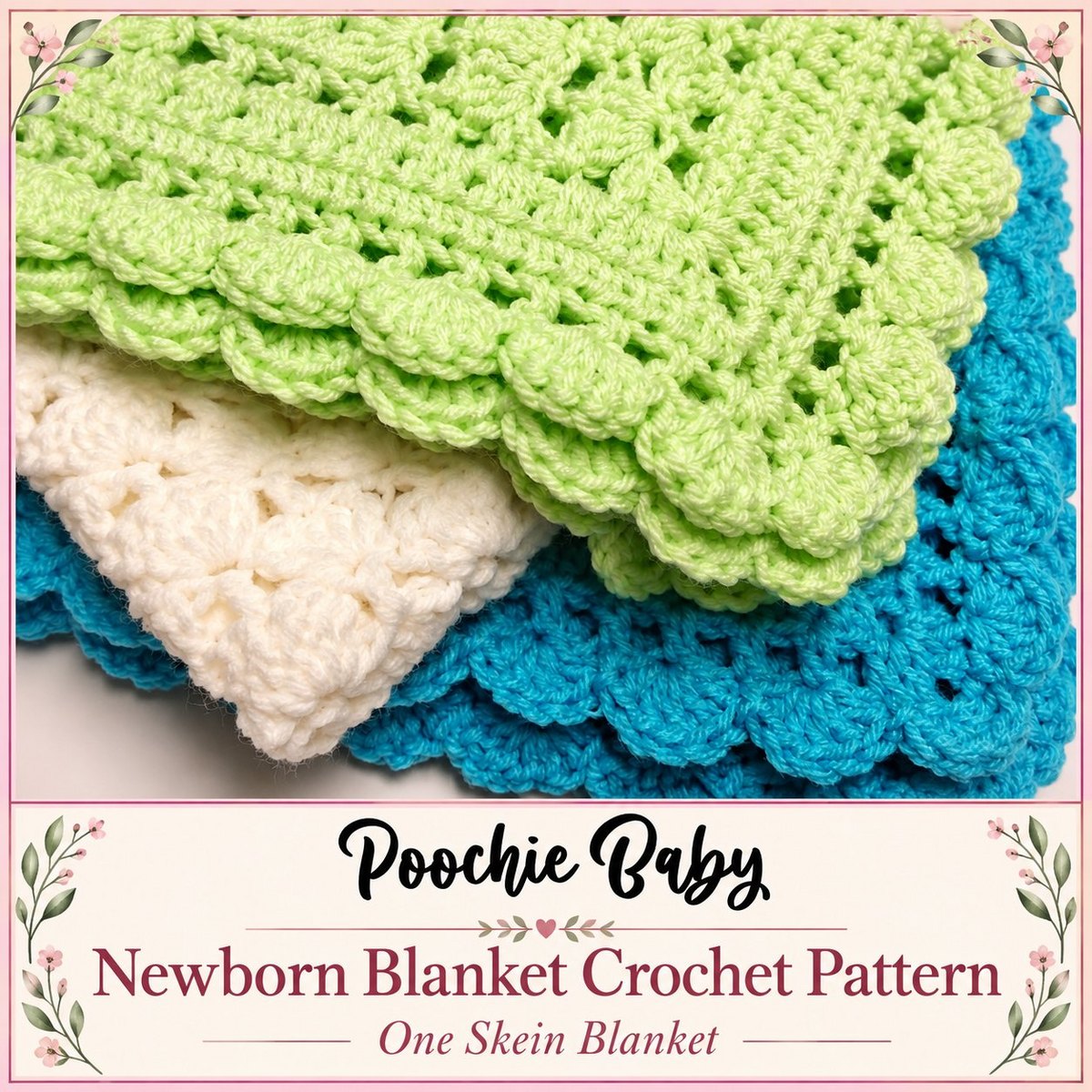 One Skein Blankets stacked in green, cream and blue, each with a scalloped shell-stitch edge