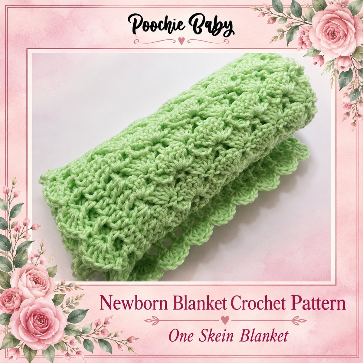 The green One Skein Blanket rolled up, showing the shell stitch texture and scalloped edge