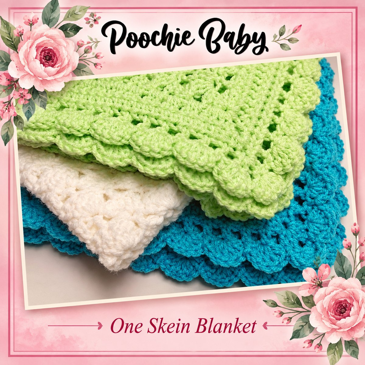 Green, cream and blue One Skein Blankets stacked at an angle