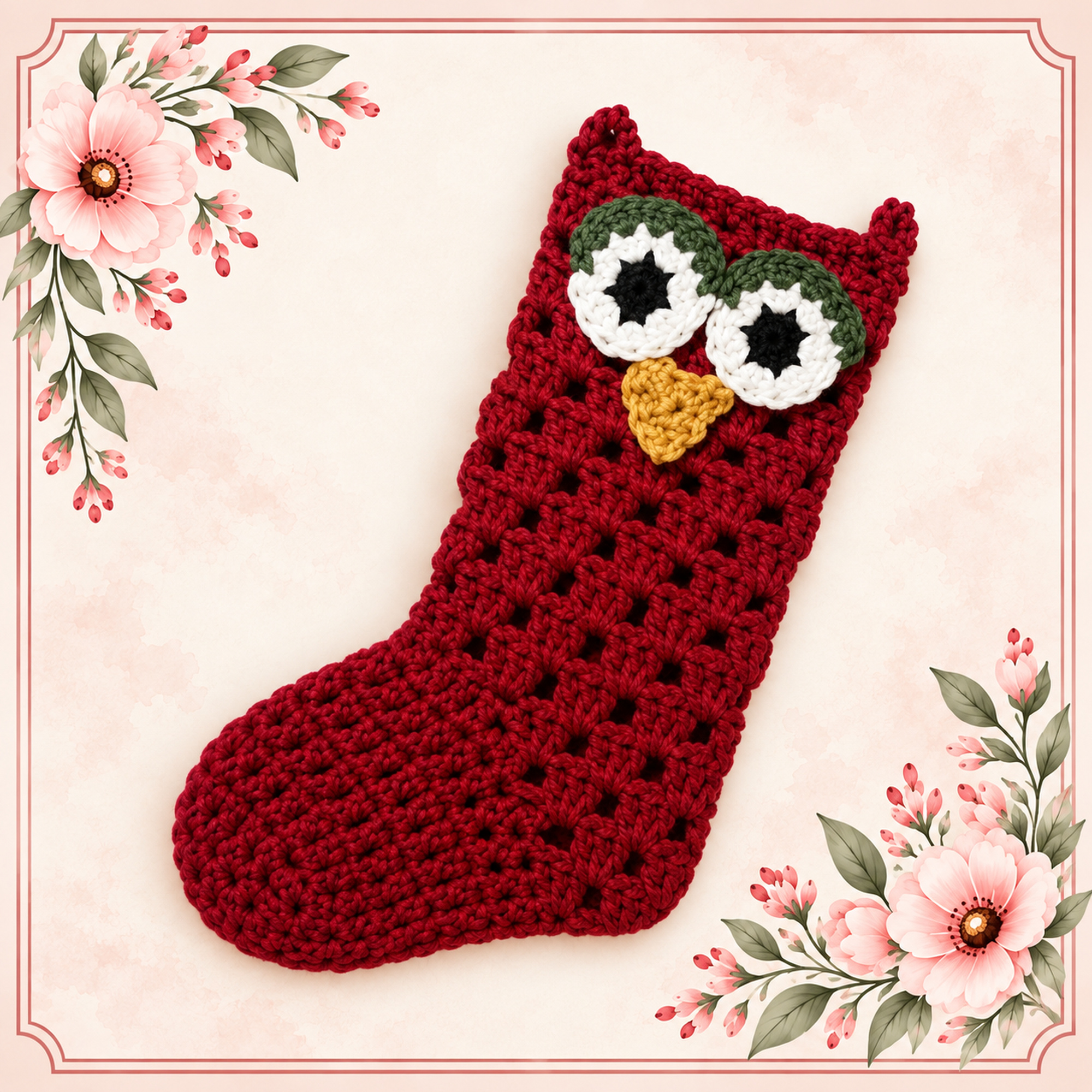 A red crochet Owl Holiday Stocking with big white owl eyes ringed in green and a gold beak