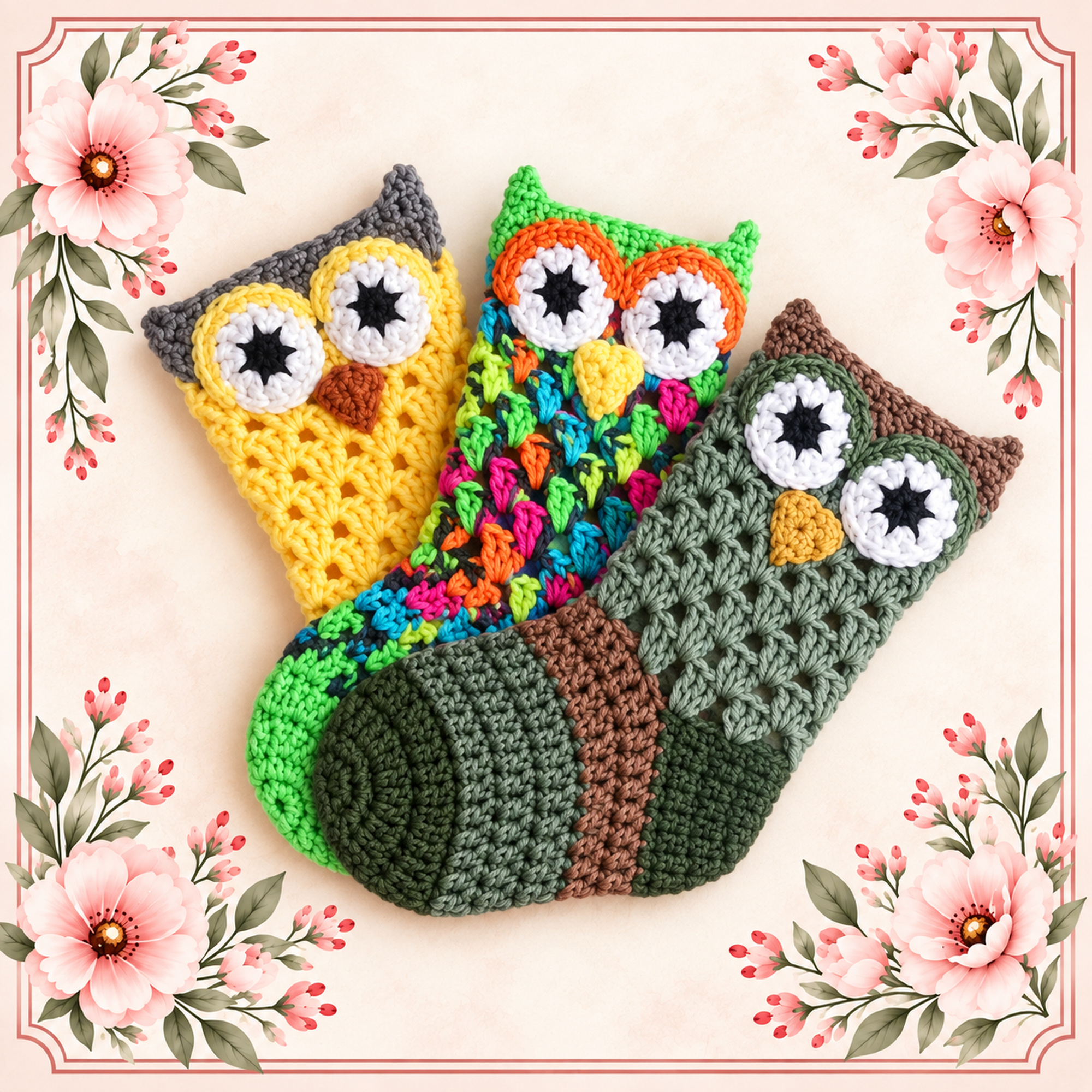 Three crochet Owl Holiday Stockings in yellow, bright multicolor and sage green, each with big owl eyes and a little beak