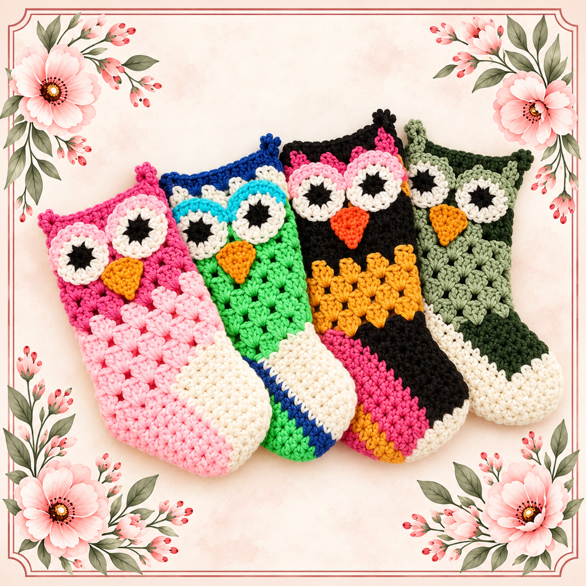Four crochet Owl Holiday Stockings in pink, blue and green, black and mustard, and sage green and cream, each with big owl eyes and a little beak