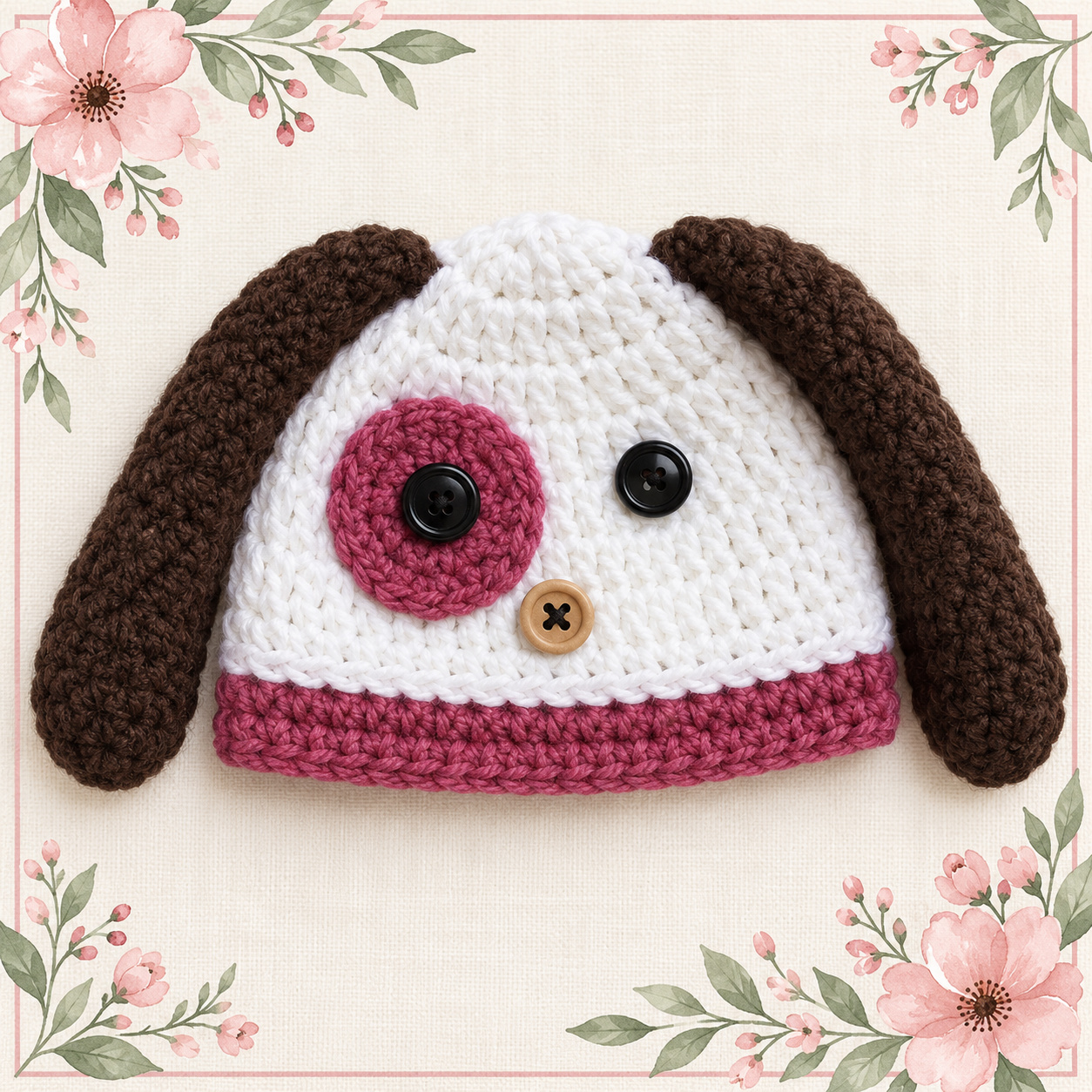 Crochet Puppy Dog Hat in white with long brown floppy ears, a raspberry-pink eye patch and trim, black button eyes and a tan button nose, shown flat