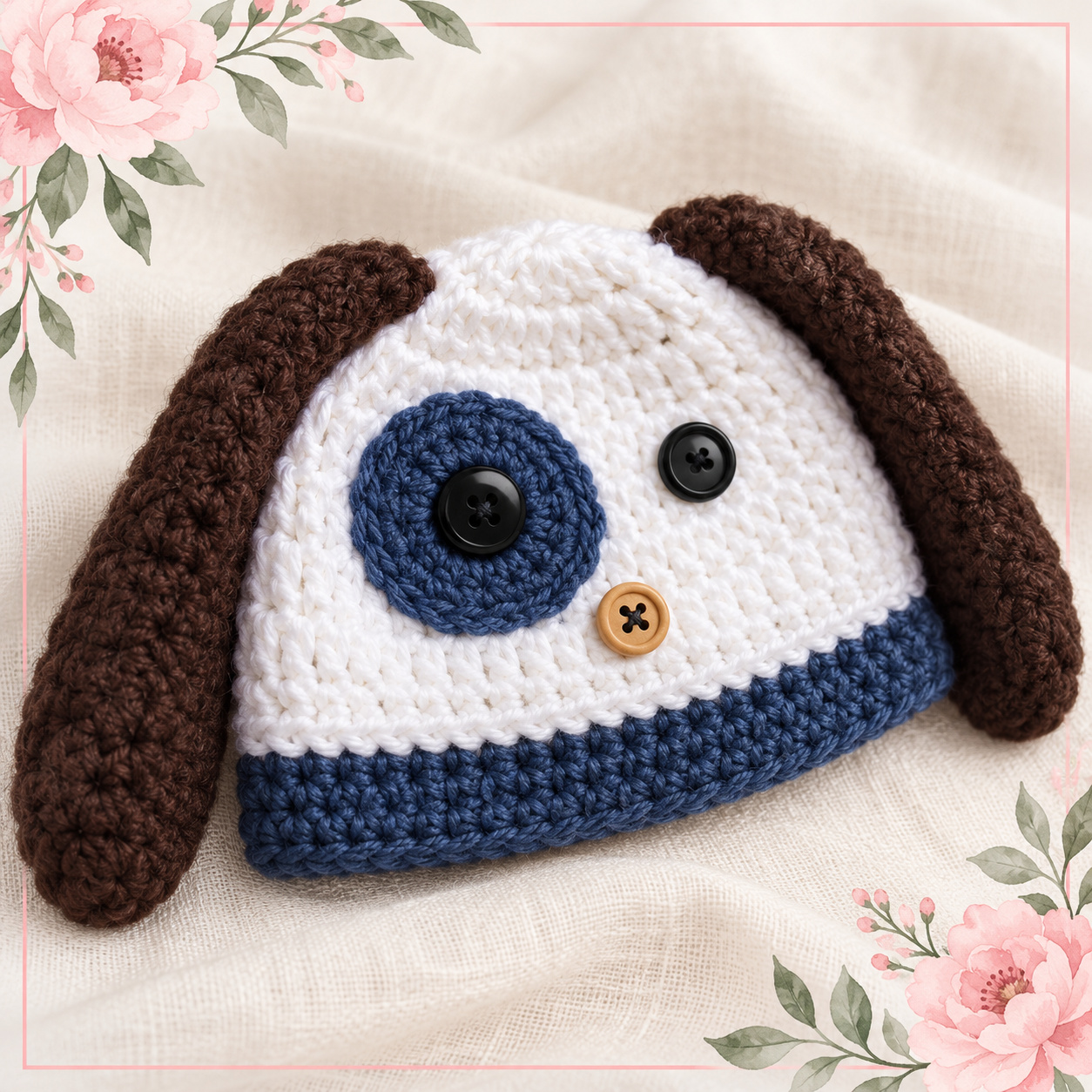 Crochet Puppy Dog Hat in white with long brown floppy ears, a dusty-blue eye patch and trim, black button eyes and a tan button nose