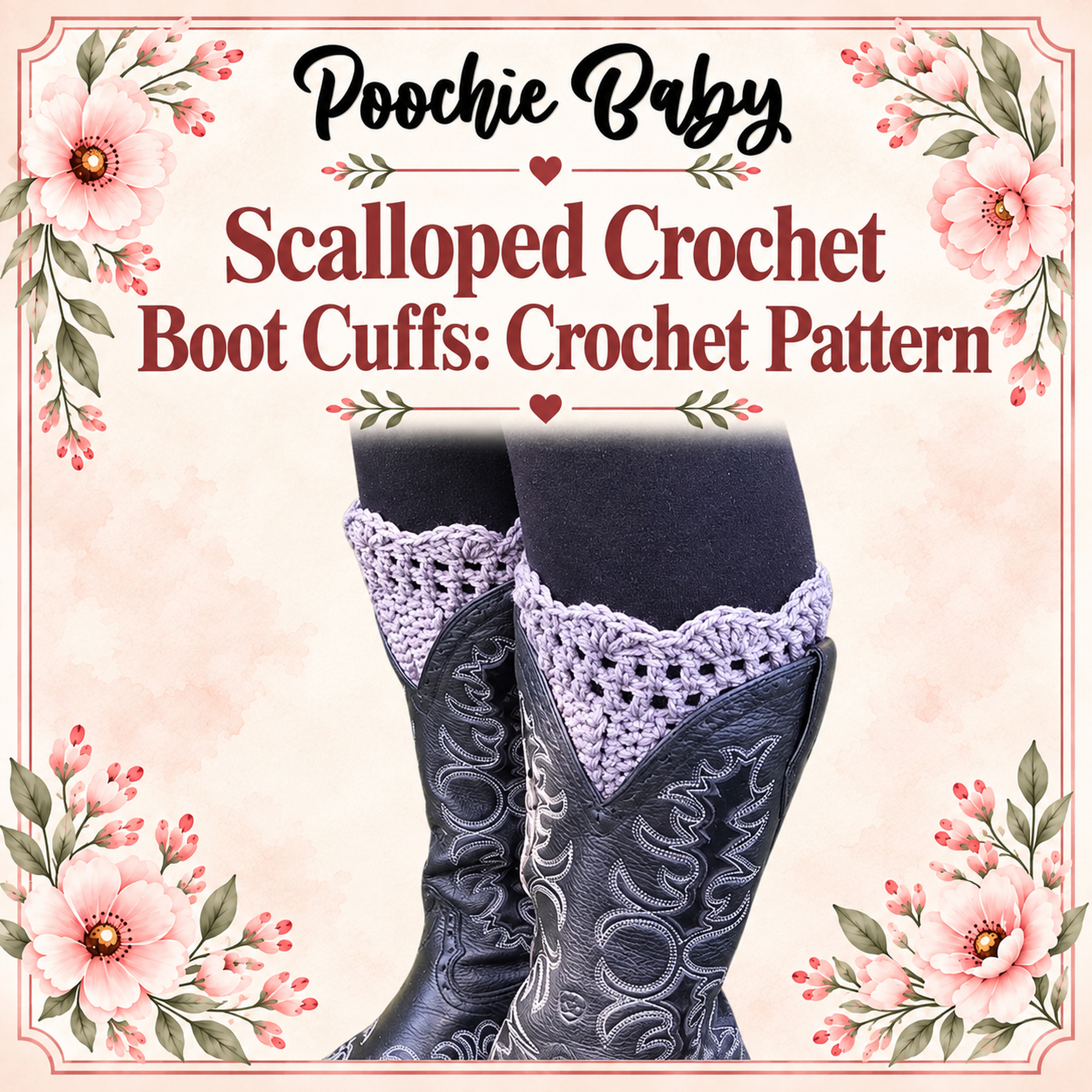 Lilac Scalloped Crochet Boot Cuffs worn over black cowboy boots, with the Scalloped Crochet Boot Cuffs pattern title above them
