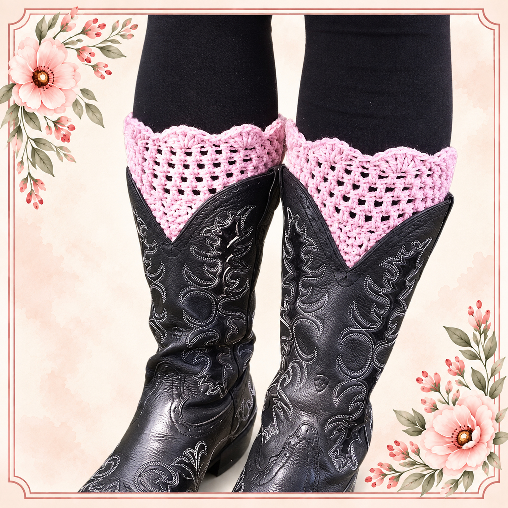 Pink Scalloped Crochet Boot Cuffs with openwork stitching and a scalloped edge, worn over black cowboy boots
