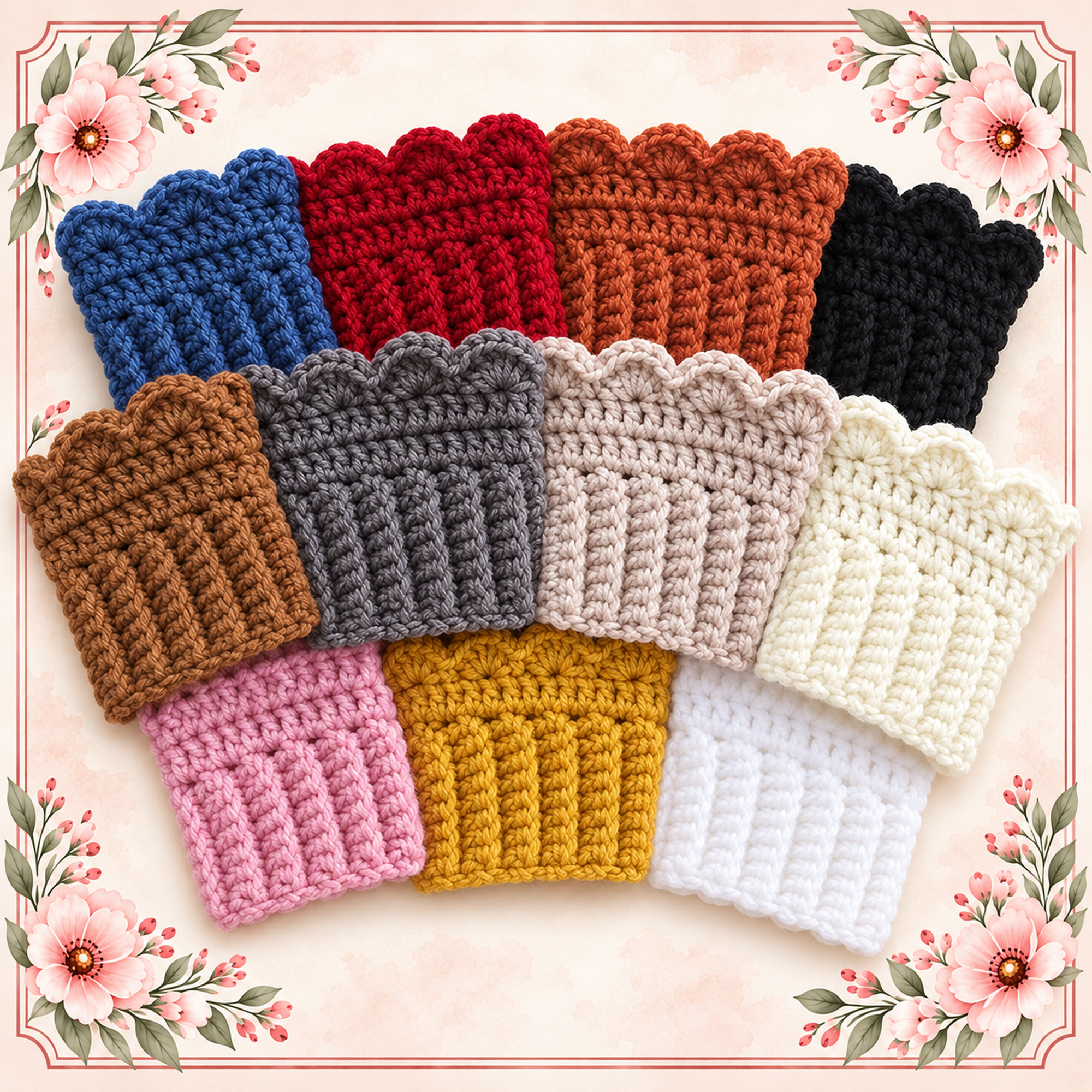Scalloped Crochet Boot Cuffs laid flat in eleven colors — blue, red, rust orange, black, brown, gray, beige, cream, pink, mustard and white — each with a ribbed cuff and scalloped edge