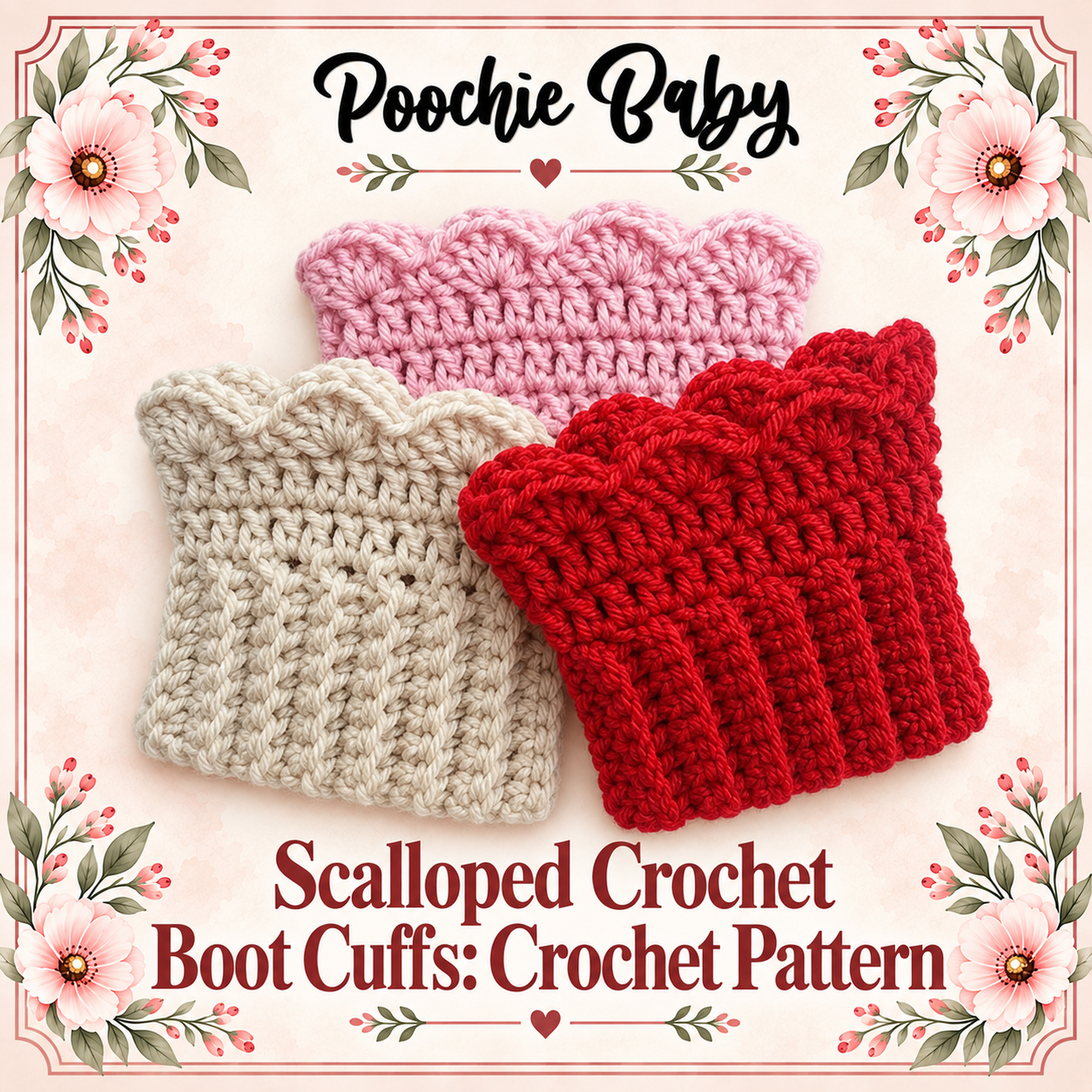 Three Scalloped Crochet Boot Cuffs in pink, cream and red laid flat, with the Scalloped Crochet Boot Cuffs pattern title below them