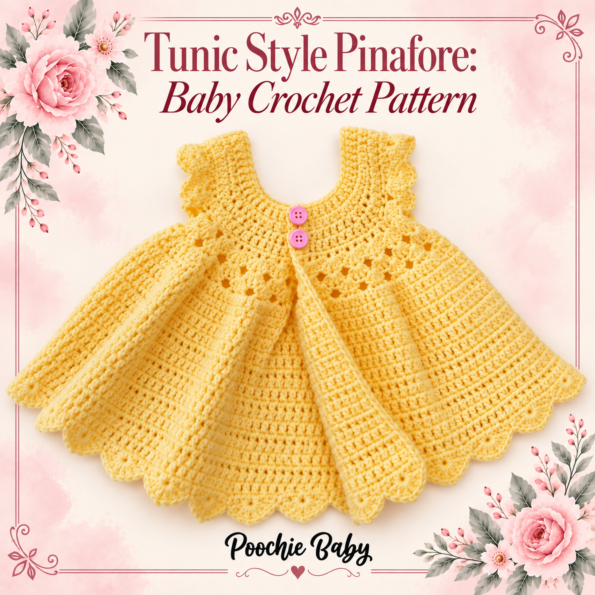 Yellow crocheted Tunic Style Pinafore with shell-stitch yoke, two pink buttons and scalloped hem, with Poochie Baby branding