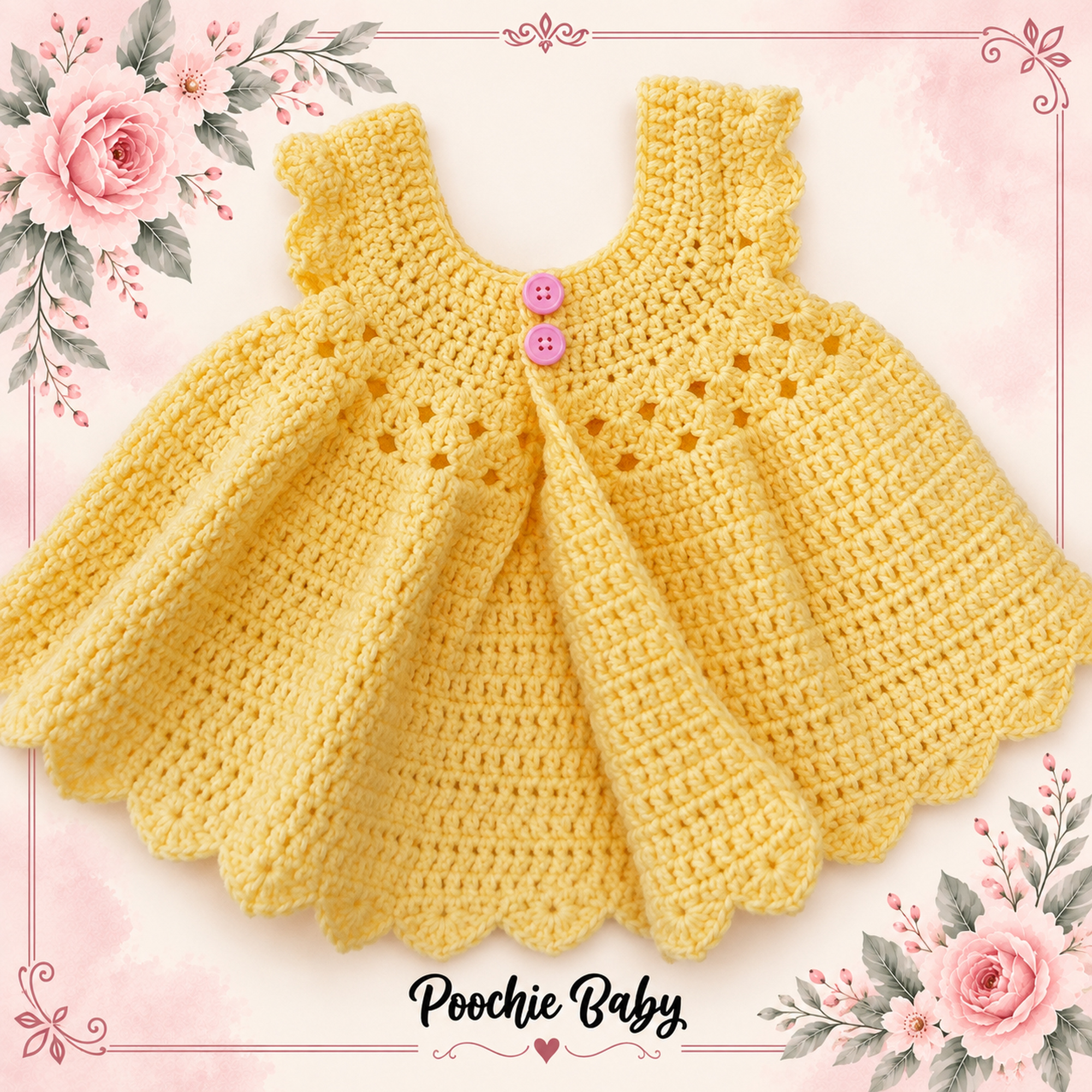 Close-up of the yellow crocheted Tunic Style Pinafore showing the shell-stitch yoke and two pink buttons, with Poochie Baby branding