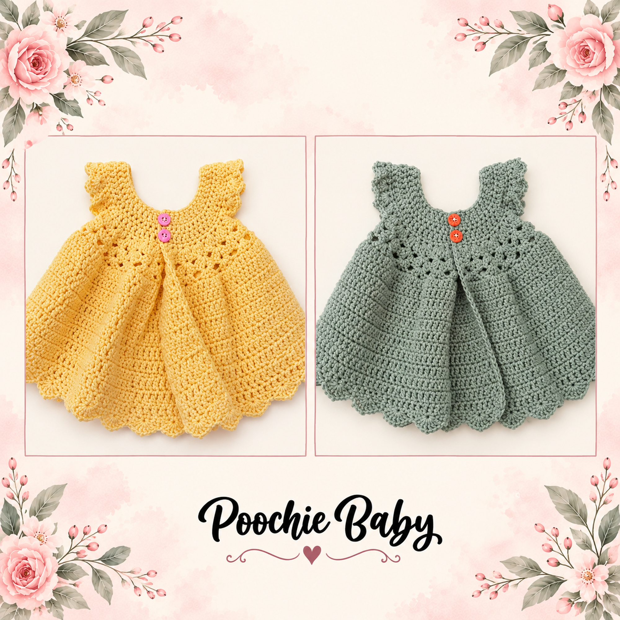 The Tunic Style Pinafore in yellow with pink buttons and sage green with red buttons, side by side, with Poochie Baby branding